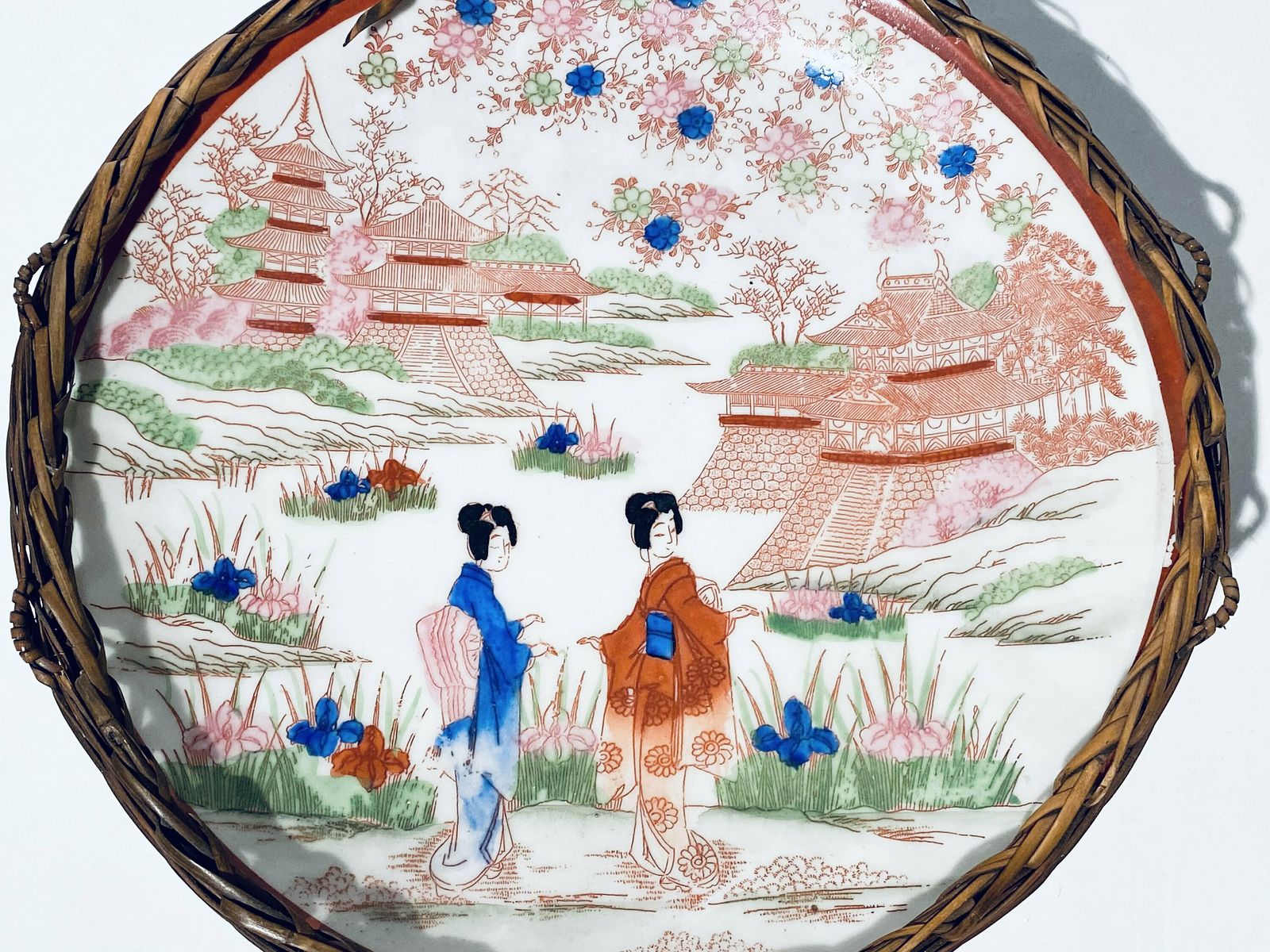 Vintage Japanese Maraku Geisha Motif Round Ceramic Wall Plate / Hand Painted Decor 1950s photo furniture
