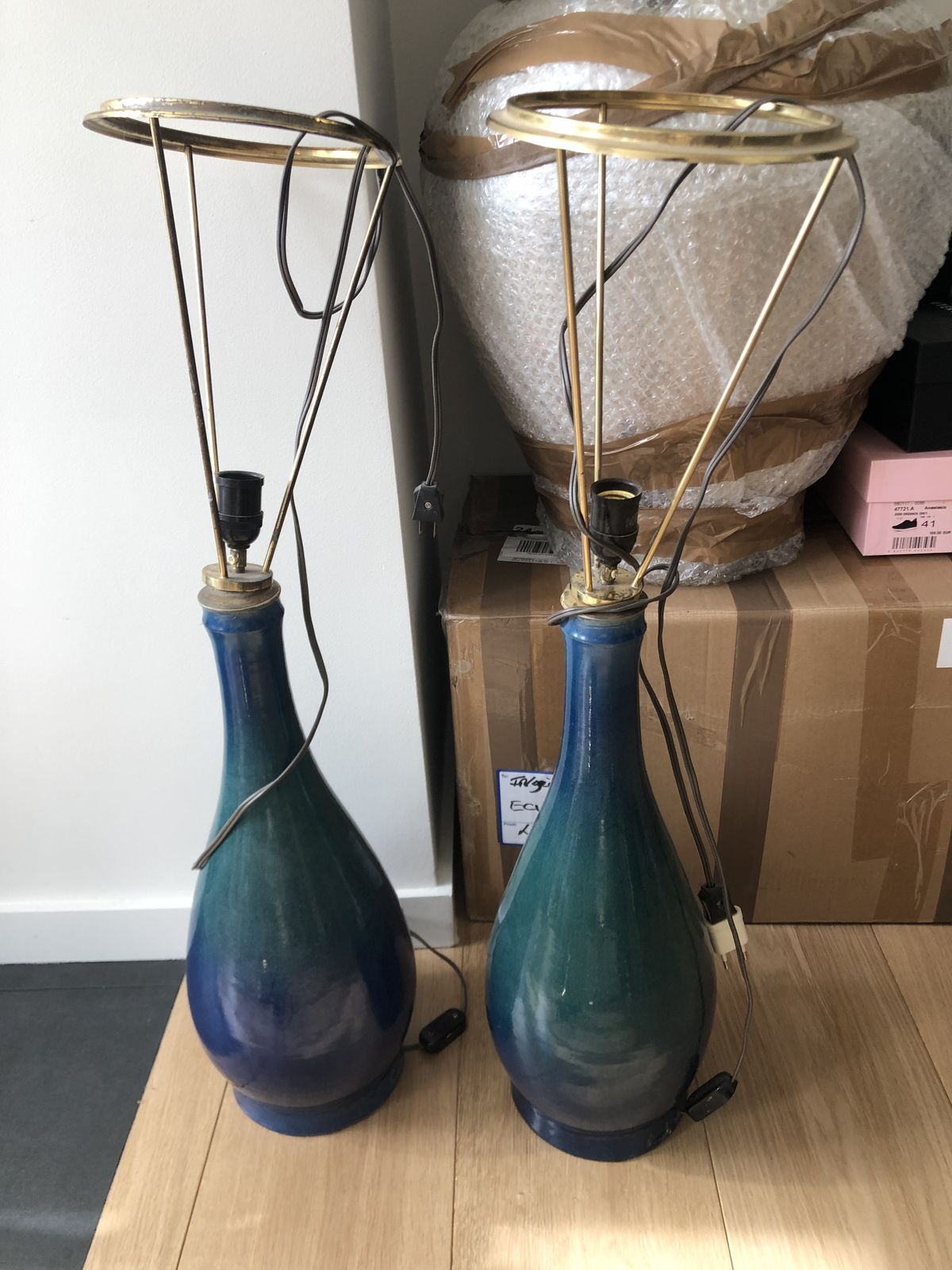 Pair Of 70s Vintage Ceramic Glaze Blue Green Tall Table Lamps photo for sale