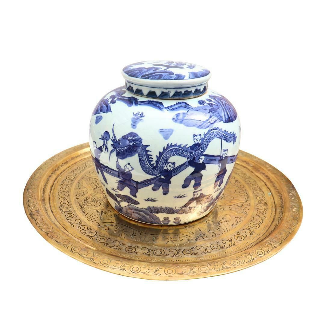 Huge Blue And White Chinese Ming Style Ginger Jar H 7.2'' , Chinese Blue And White Chinese Dragon Procession Lidded Jar, Big Chinoiserie Jar photo Home Decor