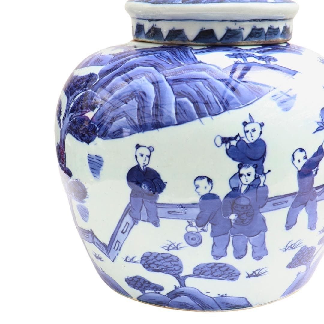 Huge Blue And White Chinese Ming Style Ginger Jar H 7.2'' , Chinese Blue And White Chinese Dragon Procession Lidded Jar, Big Chinoiserie Jar photo vintage