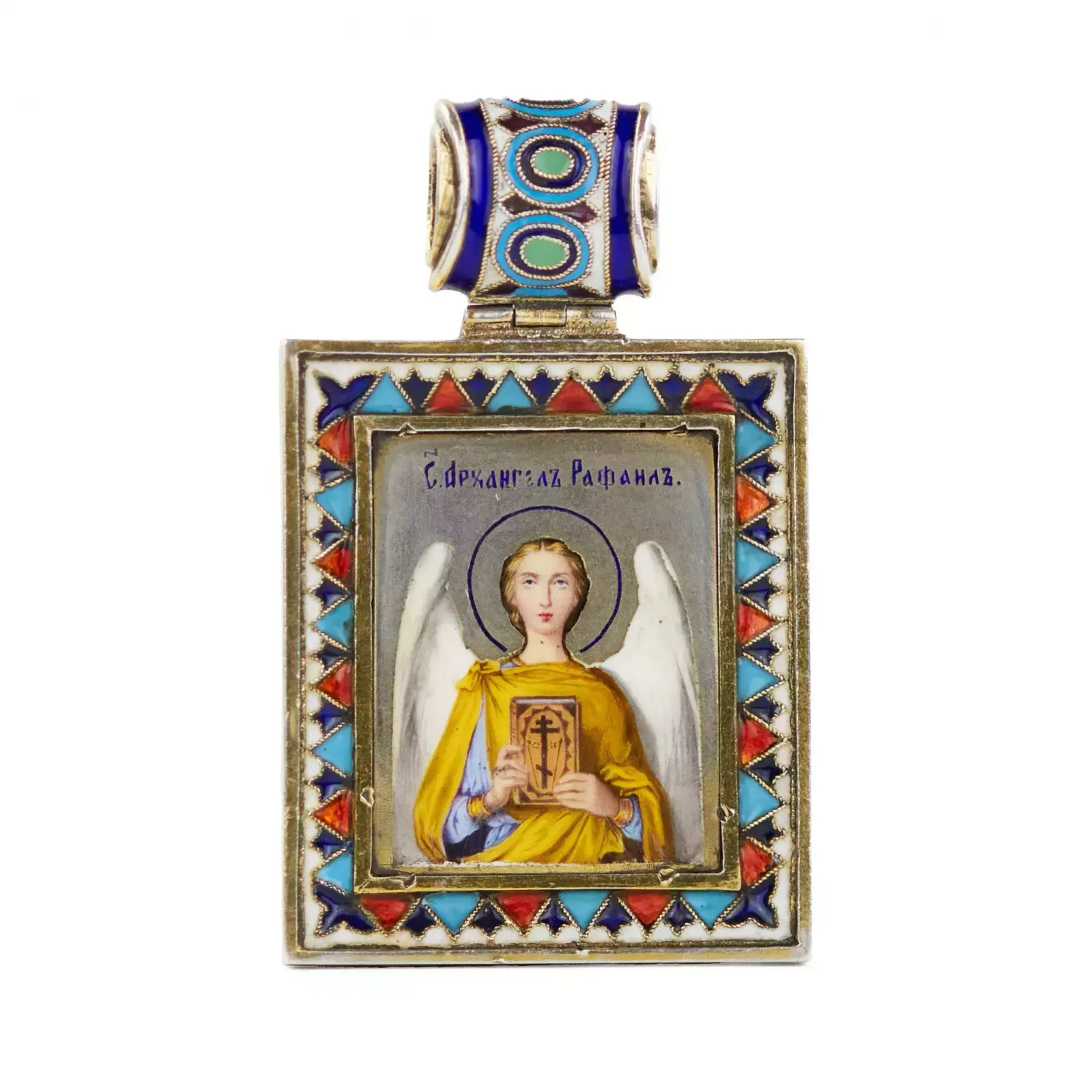 Russian, Silver Icon Of The Archangel Raphael, Painted And Cloisonné Enamels. Late 19th Century.