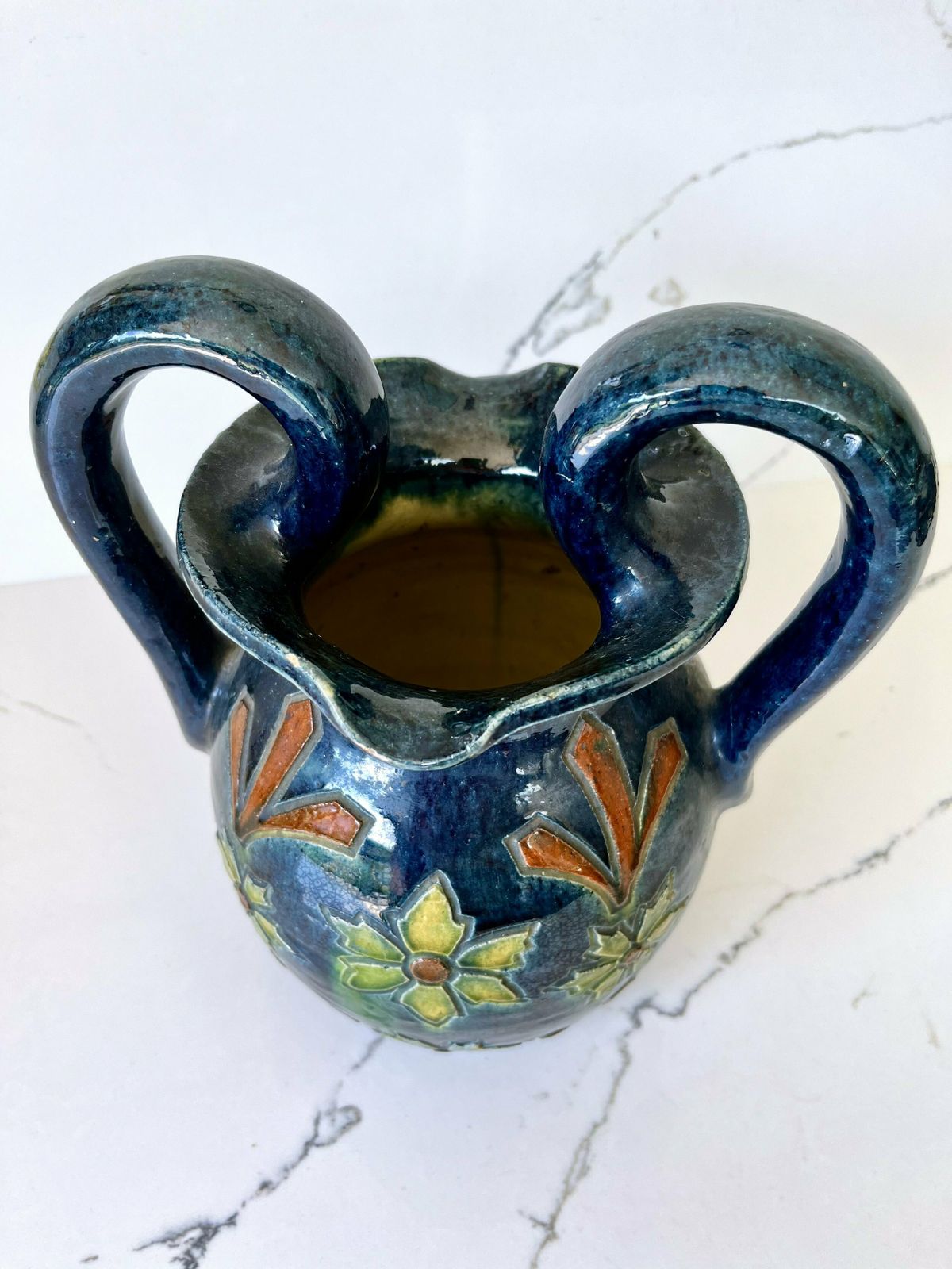 Dark Blue Stoneware Flemish/Swedish Etched & Hand Painted Vase With Handles photo furniture