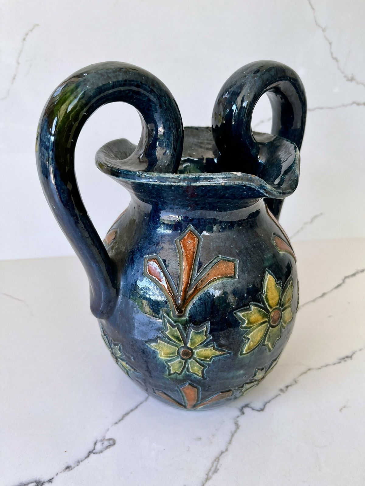Dark Blue Stoneware Flemish/Swedish Etched & Hand Painted Vase With Handles photo buy