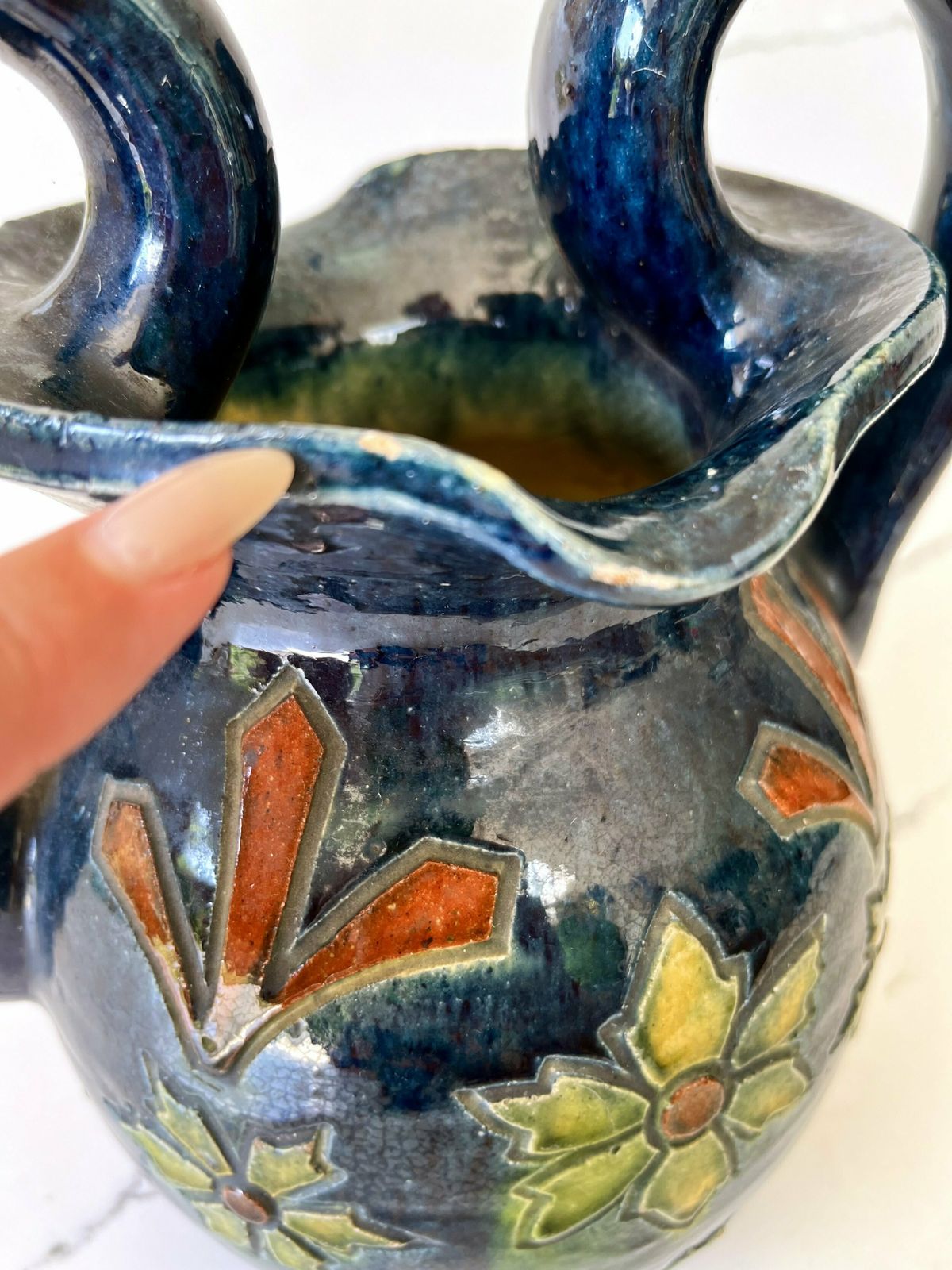 Home Decor Dark Blue Stoneware Flemish/Swedish Etched & Hand Painted Vase With Handles photo