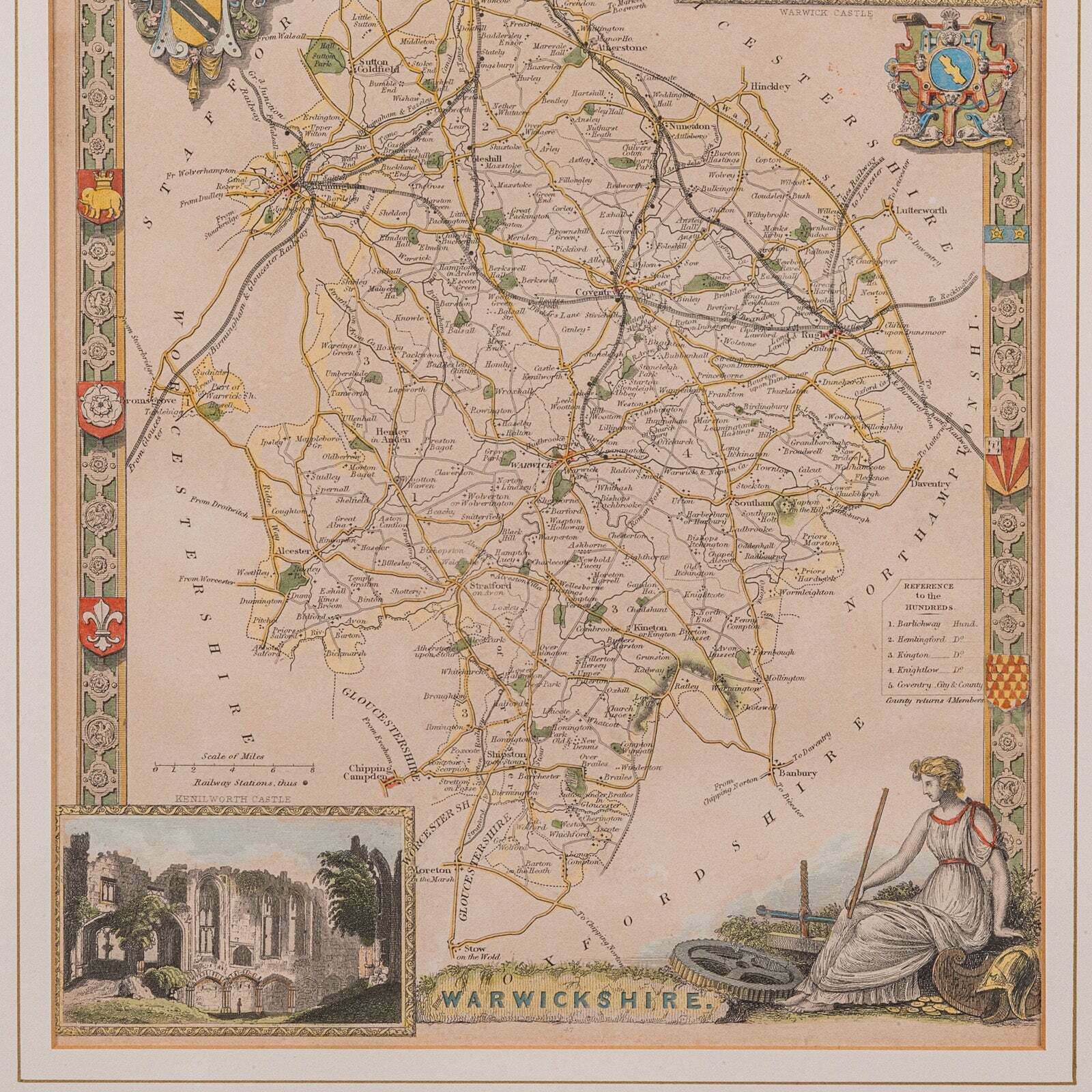 Antique Lithography Map, Warwickshire, English, Framed, Cartography, Victorian photo vinterior