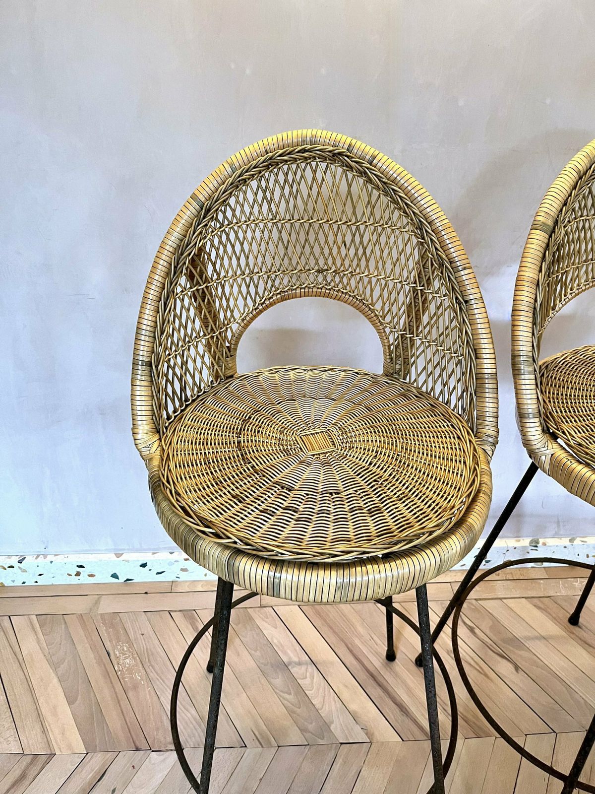 Pair Of Mid Century Woven Rattan/Cane & Metal Bar Stools photo 780.0