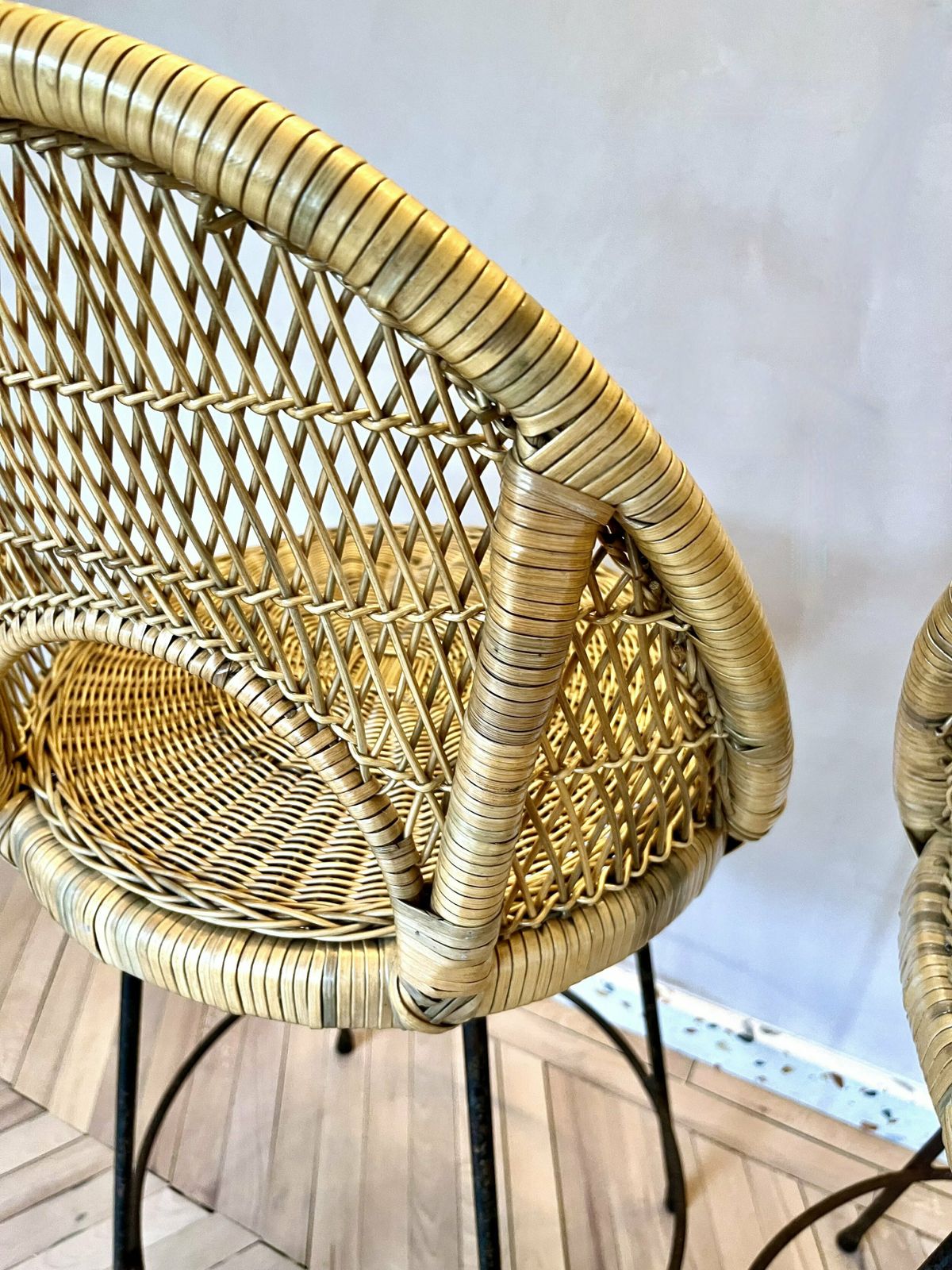 Pair Of Mid Century Woven Rattan/Cane & Metal Bar Stools photo vintage