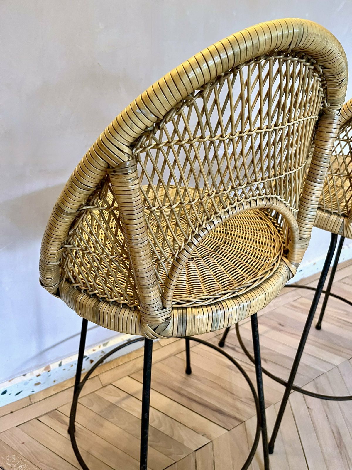 Furniture Pair Of Mid Century Woven Rattan/Cane & Metal Bar Stools photo