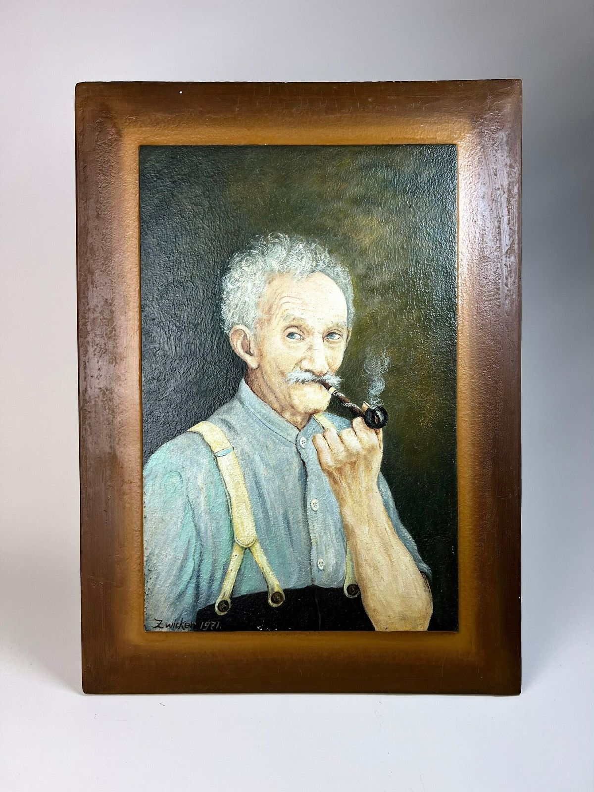 Original Framed Portrait Oil Painting Of Old Man Smoking, Switzerland, Male Portrait photo Art