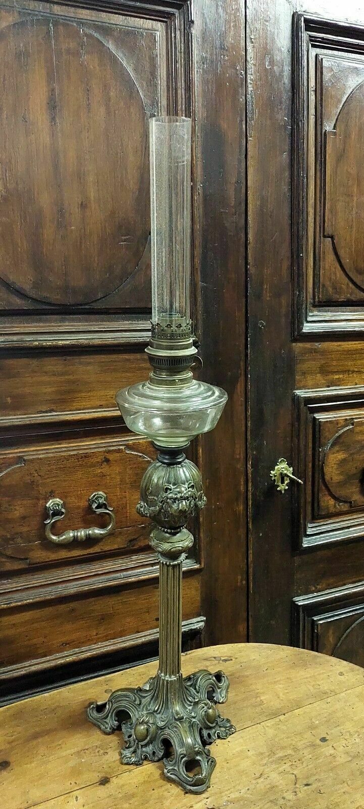 photo for sale Large Antique Bronze And Glass Oil Lamp From The 19th Century