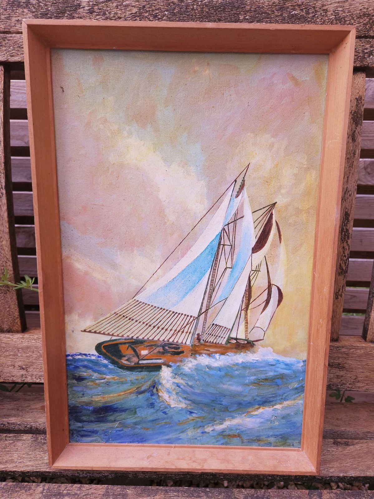 Nautical Vintage Oil On Board Of Dynamic Sailing Boat Riding A Wave photo 69.0