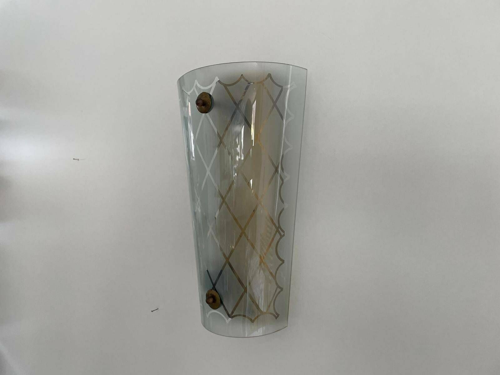 Unique Italian Design Brass & Curved Glass Cinema Lobby Wall Lamp, 1950s Italy photo for sale