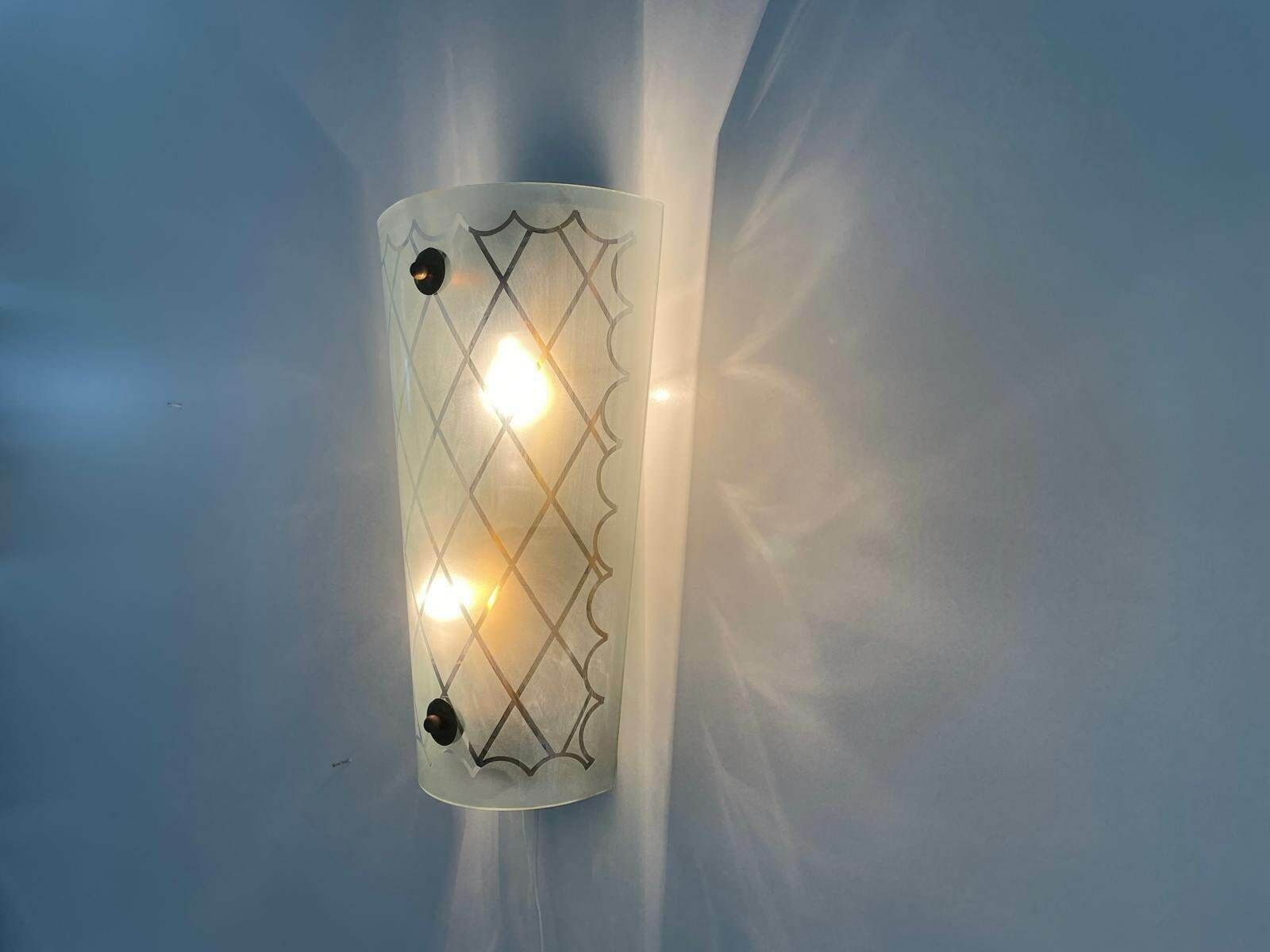 Unique Italian Design Brass & Curved Glass Cinema Lobby Wall Lamp, 1950s Italy photo Lighting