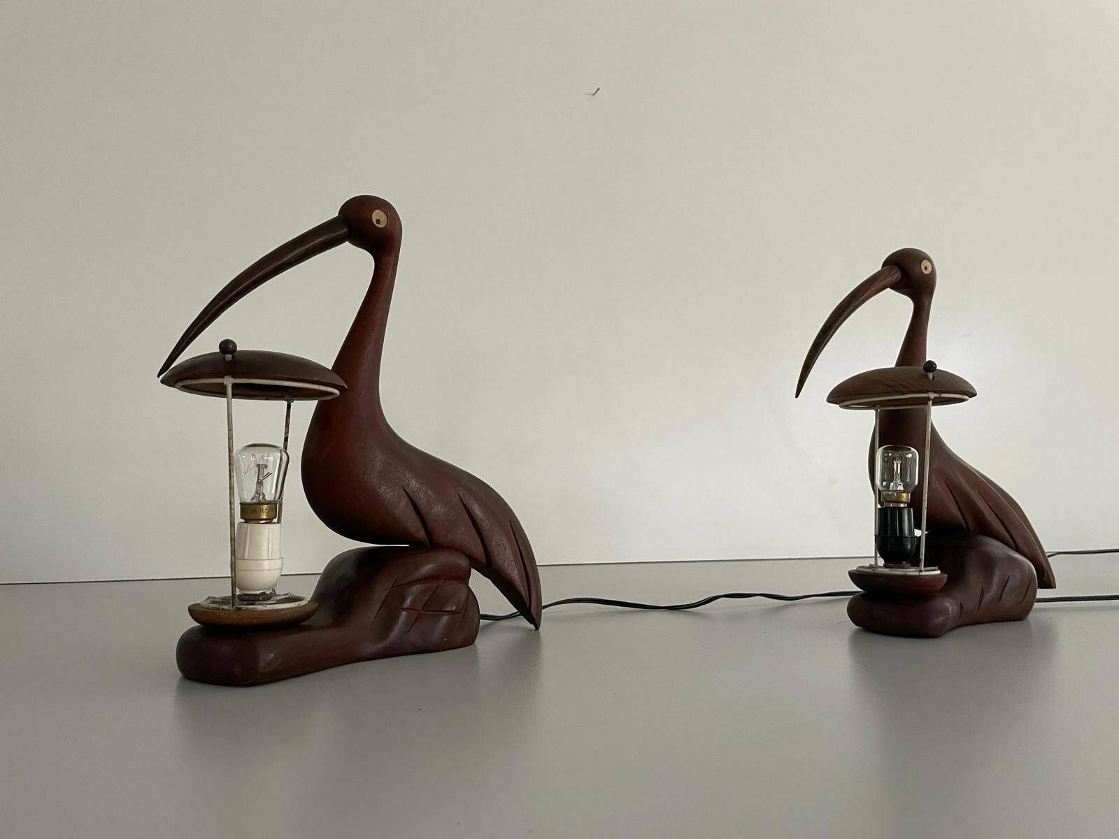 Italian Teak Heron Design Pair Of Table Lamps By Aldo Tura, 1960s, Italy