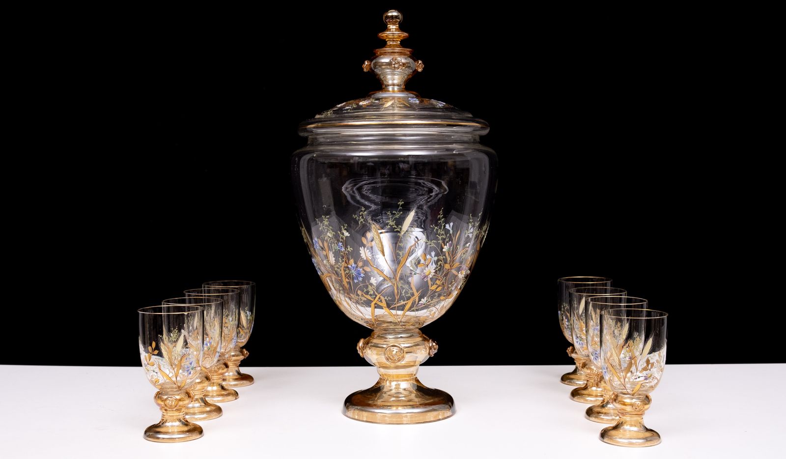 Antiek Geëmailleerd Glazen Serveerset Voor Fruit, Dessert Of Punch. 1880 photo vinterior