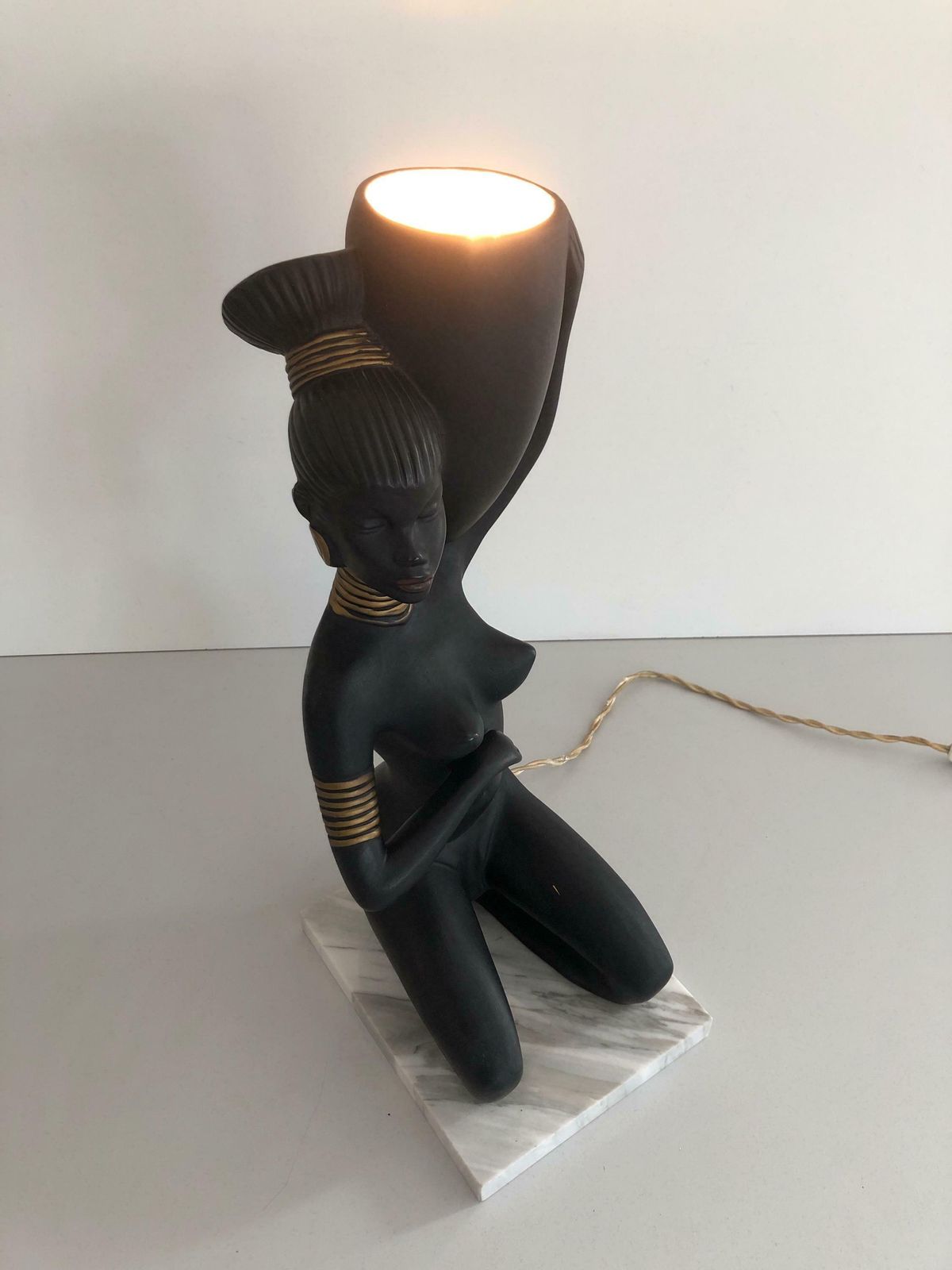 African Woman Ceramic Large Table Lamp, In Style Of Barsony photo Lighting