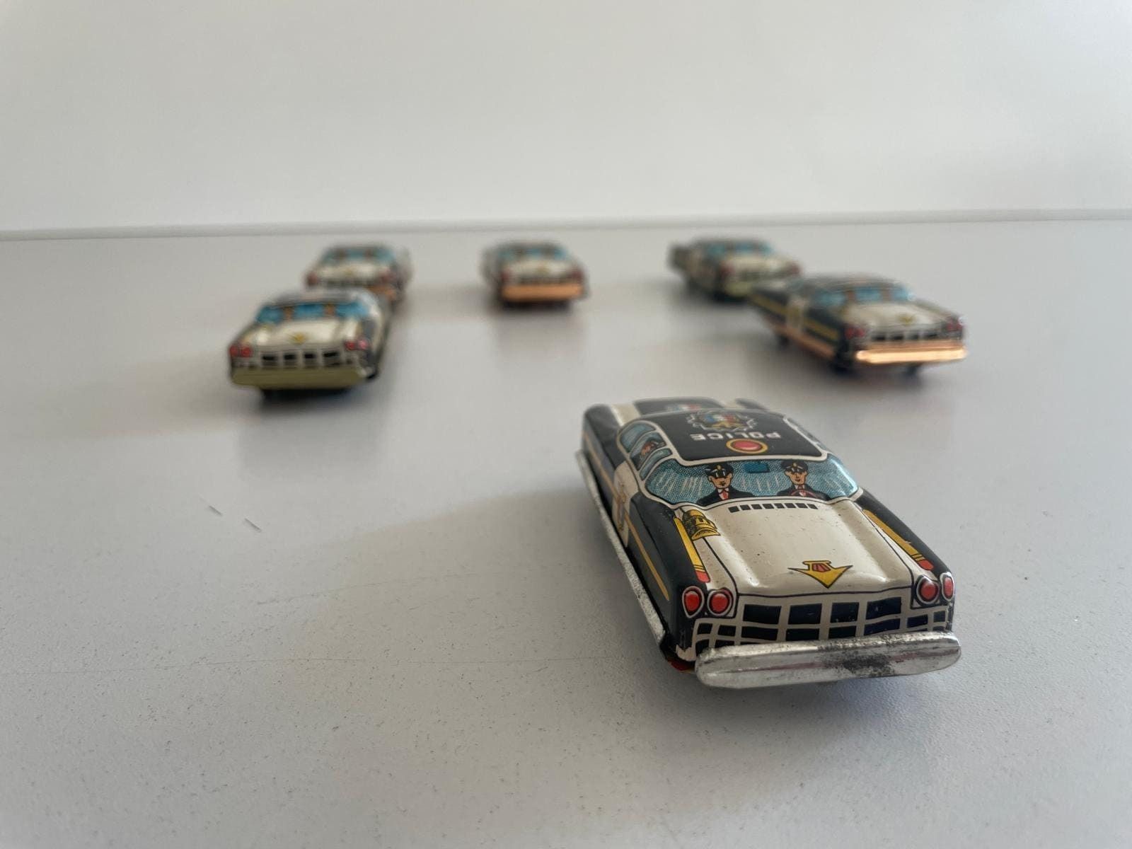 Nt Tin Police Toy Car, Set Of 6, Made In Japan photo for sale