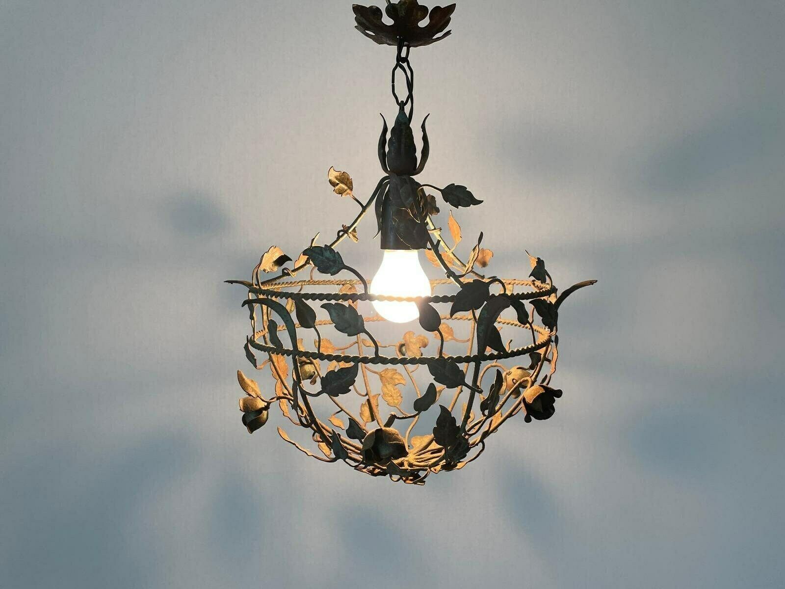 Unusual Flower And Leaf Design Italian Metal Ceiling Lamp With Green Patinas, 1950s, Italy