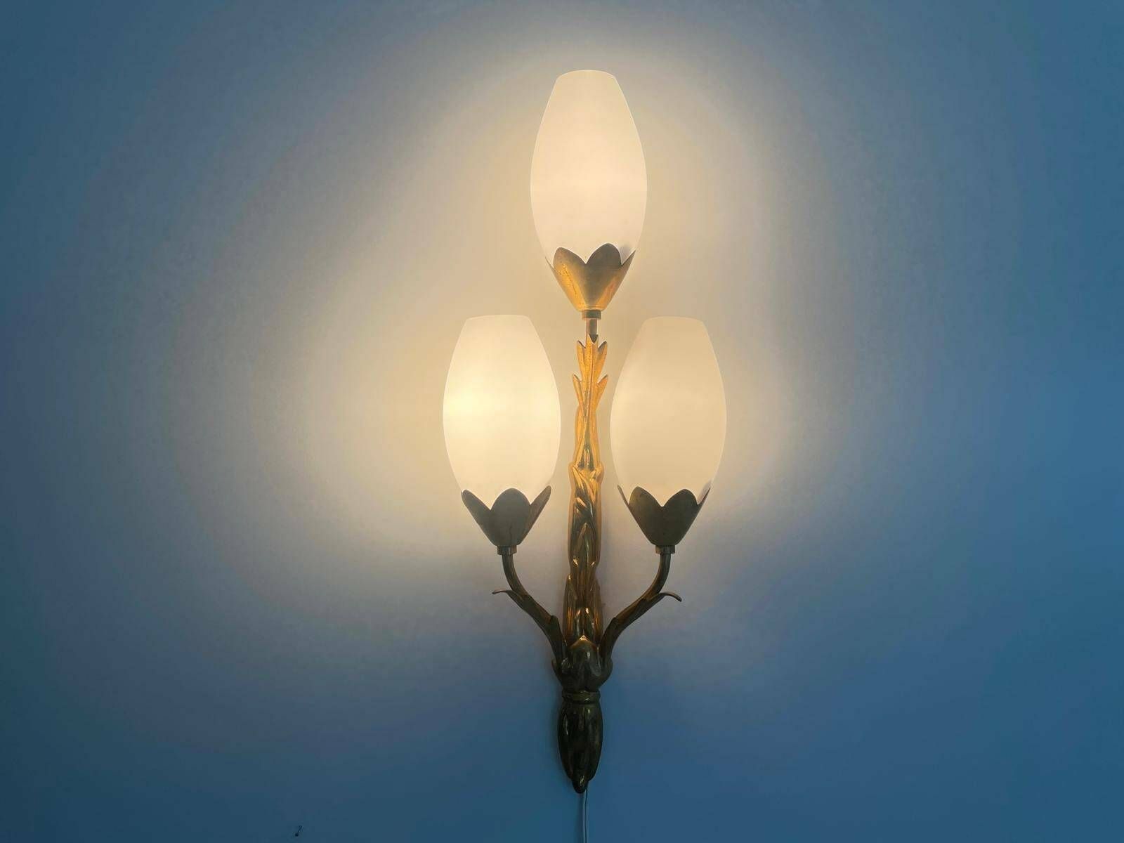 Exclusive Italian Tulip Design Triplet Glass Shade And Brass Body Luxurious Wall Lamp, 1960s, Italy photo Lighting