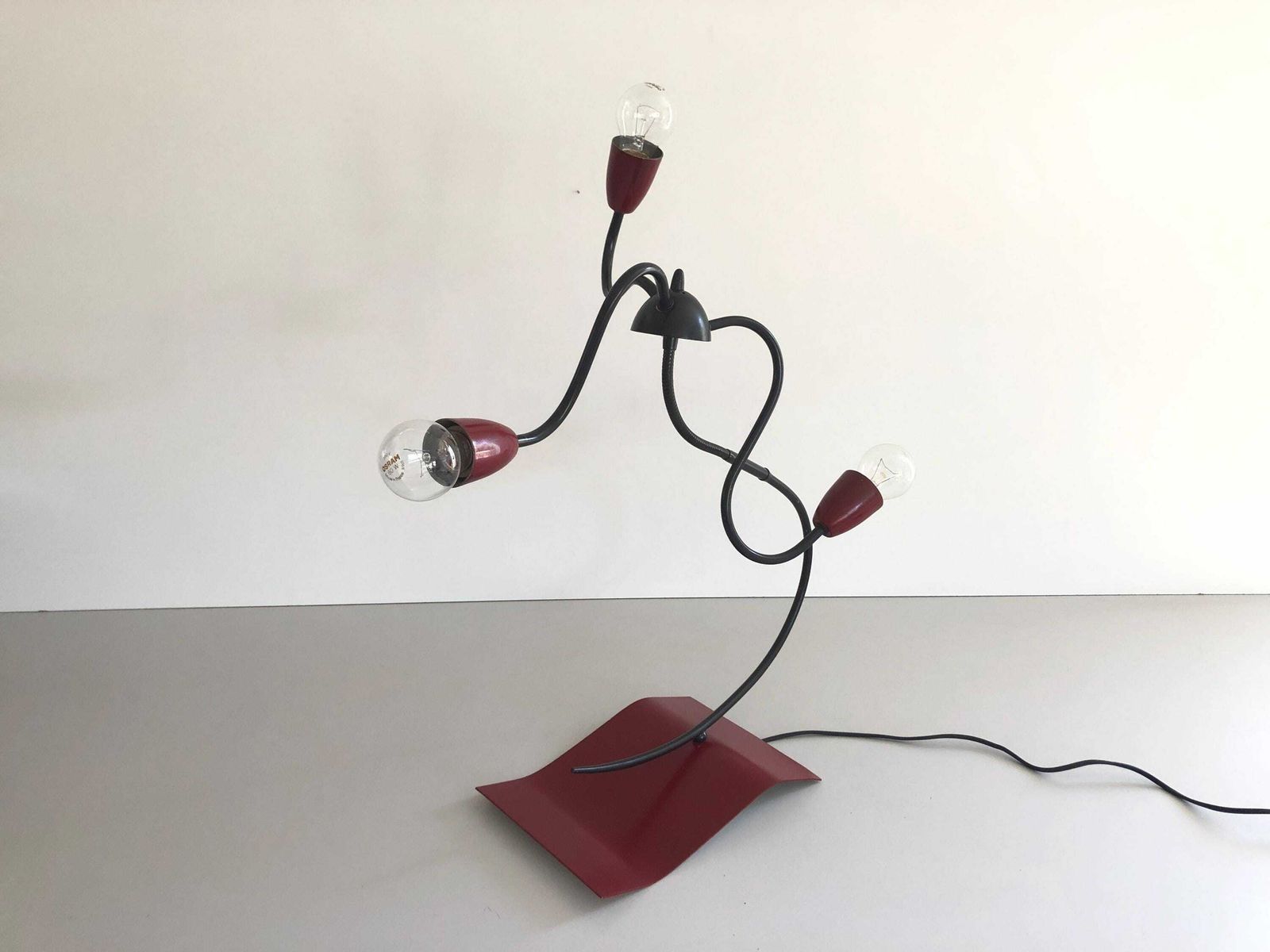 3 Armed Adjustable Bordeaux Metal Rare Atomic Table Lamp, 1970s, France photo for sale