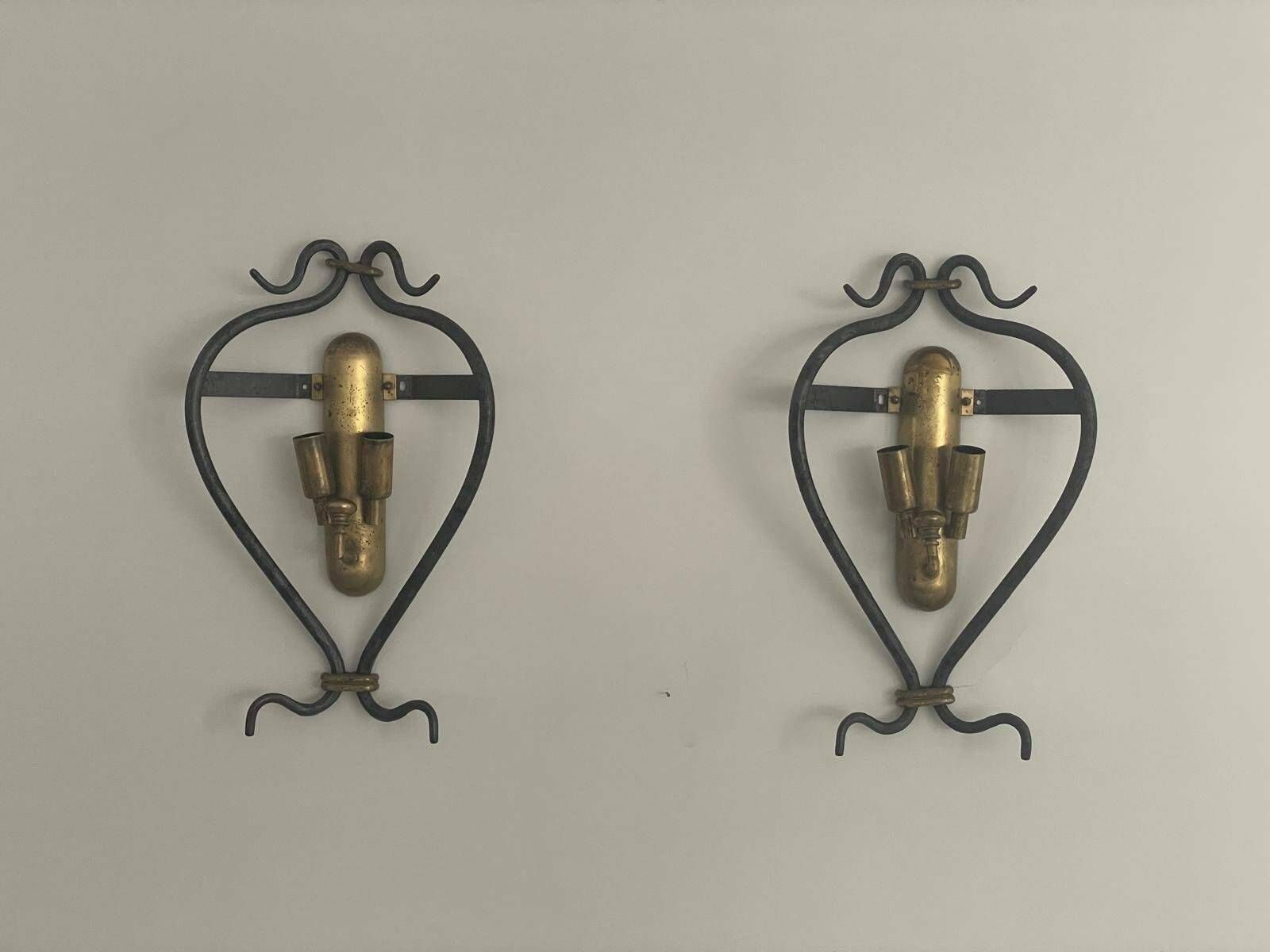 Unusual Italian Design Brass And Iron Pair Of Sconces, 1950s, Italy