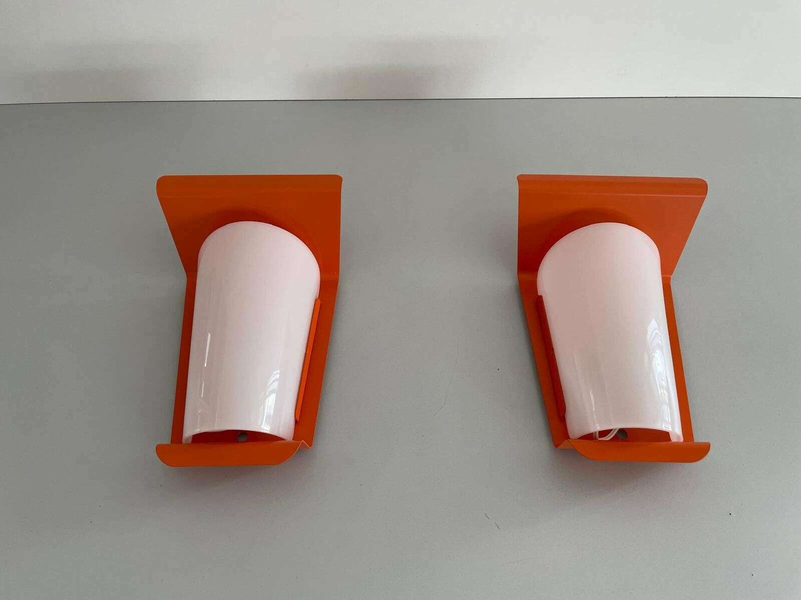Orange Metal And Plexi Shade Pair Of Sconces, 1960s, Germany