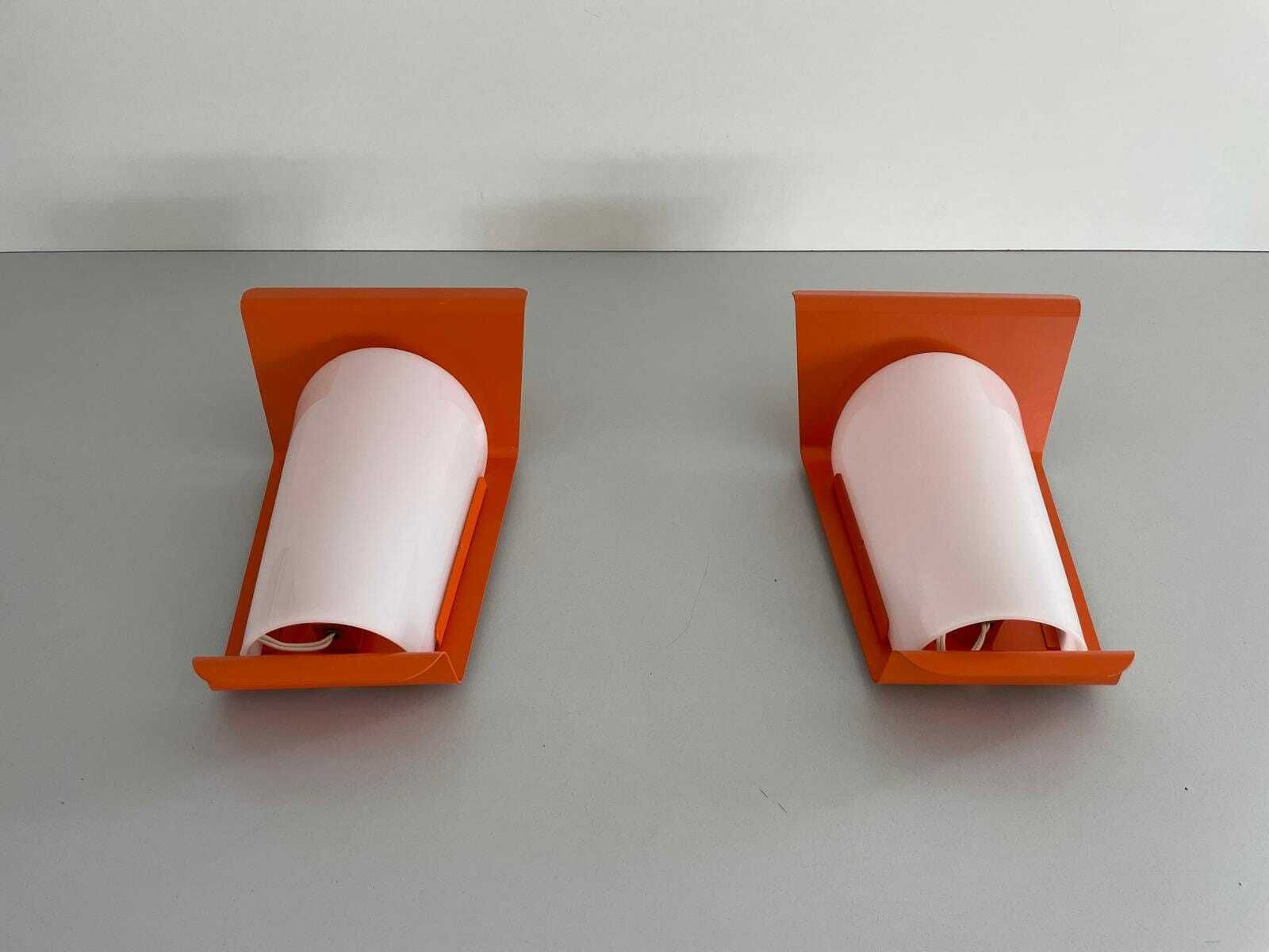 Orange Metal And Plexi Shade Pair Of Sconces, 1960s, Germany photo for sale