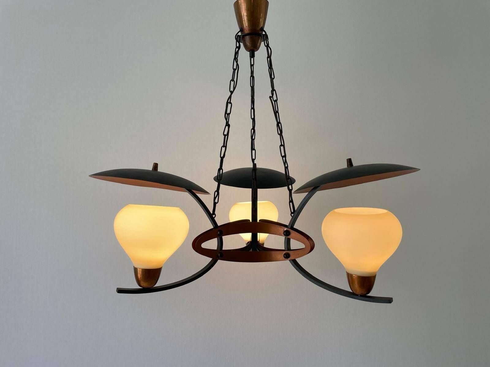 3 Armed Glass And Copper   Black Metal Chandelier, Germany, 1960s, 2 Available photo for sale