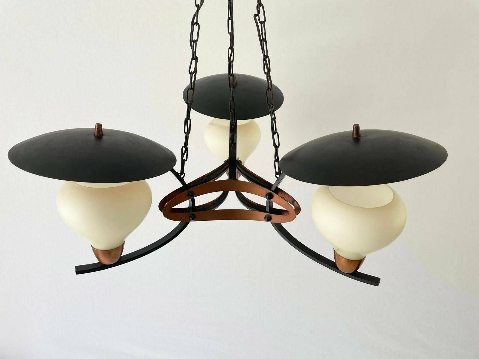 3 Armed Glass And Copper   Black Metal Chandelier, Germany, 1960s, 2 Available photo Lighting
