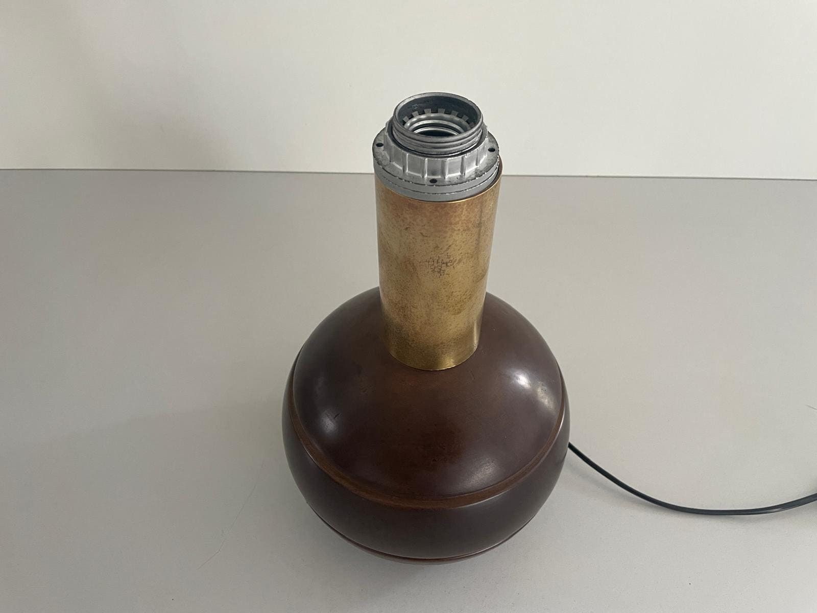 photo for sale Italian Dark Brown Polished Wood Ball Design Table Lamp, 1960s, Italy