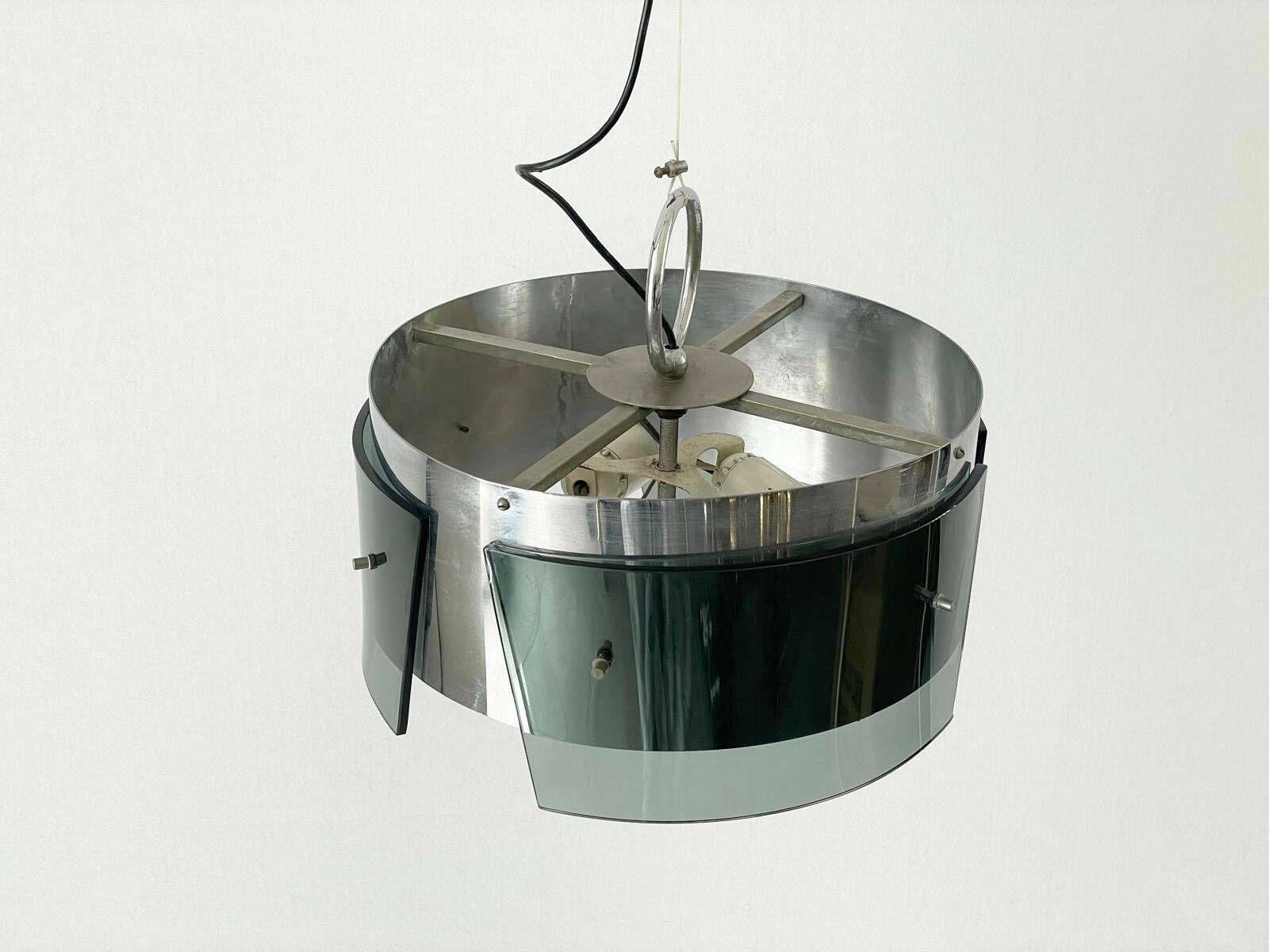 Italian Design Cylindrical Green Glass And Chrome Pendant Lamp, Italy, 1970s photo furniture