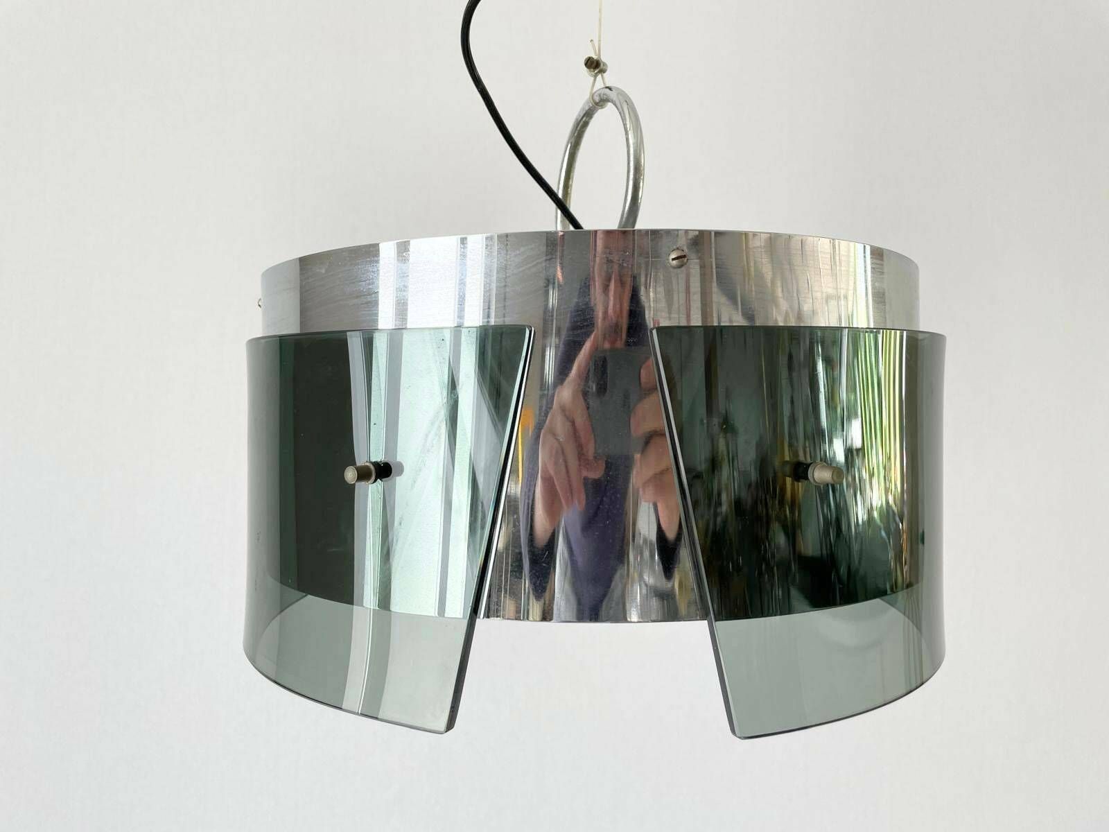 photo for sale Italian Design Cylindrical Green Glass And Chrome Pendant Lamp, Italy, 1970s