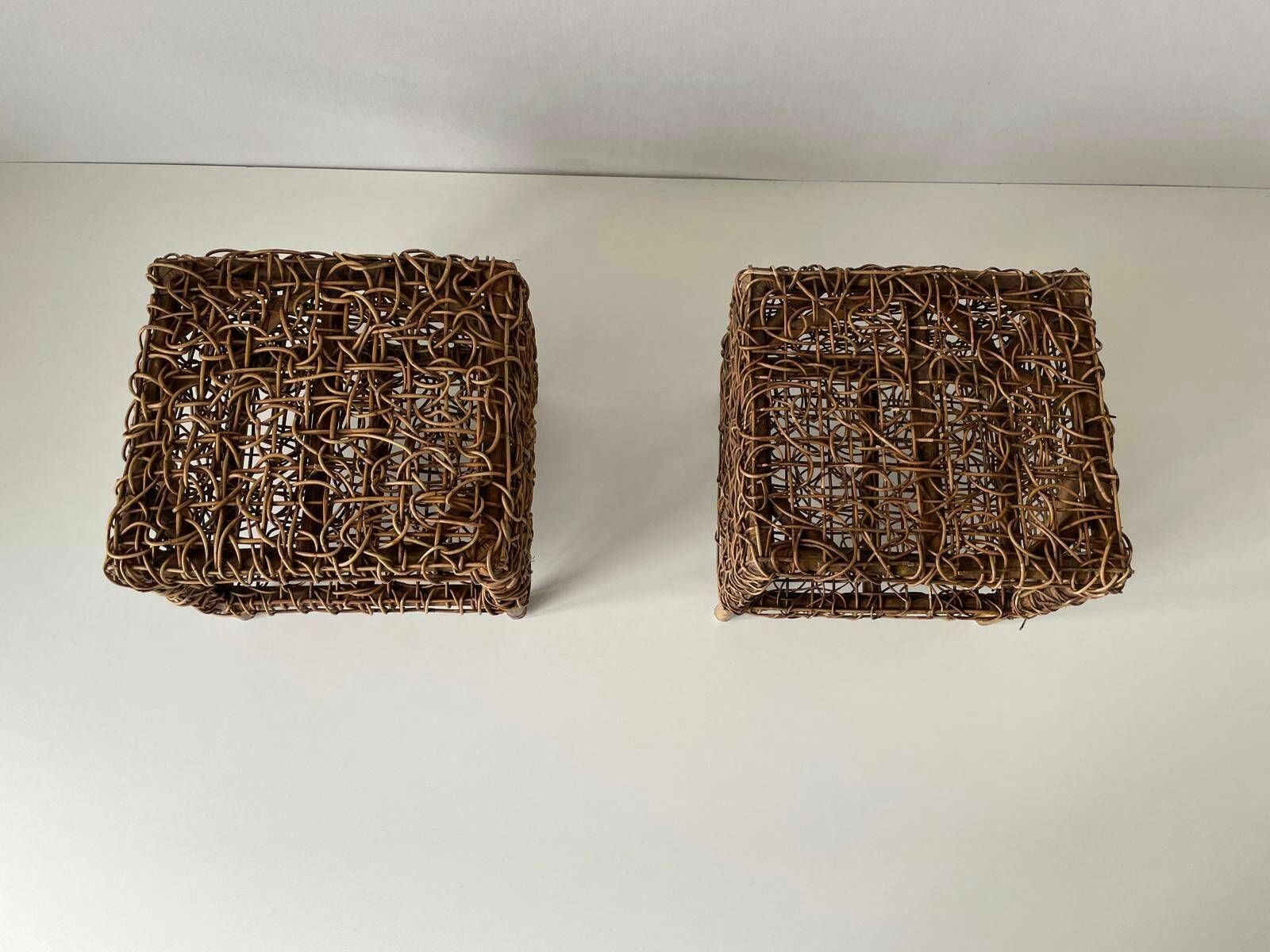 Unusual Italian Design Woven Bamboo Pair Of Bedside Tables, Italy, 1960s photo Furniture