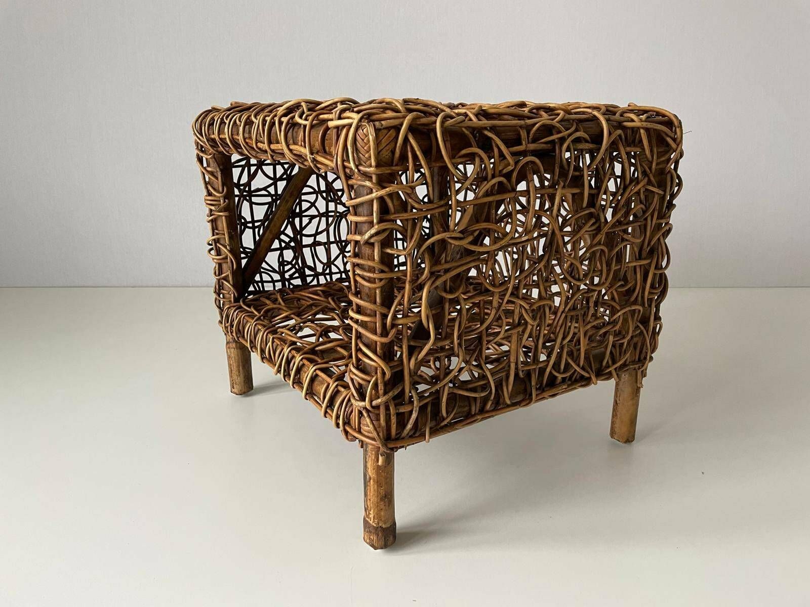 Unusual Italian Design Woven Bamboo Pair Of Bedside Tables, Italy, 1960s photo vinterior