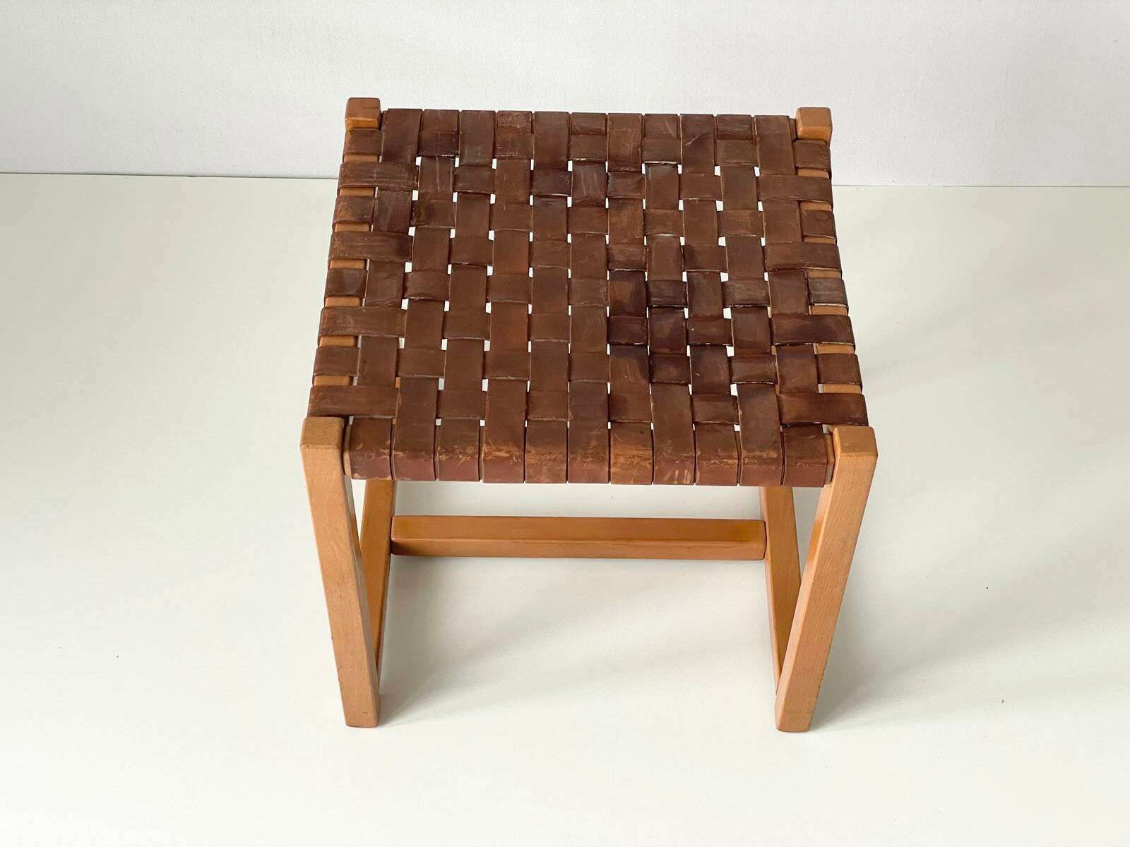 Italian Made Brown Woven Leather Top Wood Stool, Italy, 1970s photo furniture