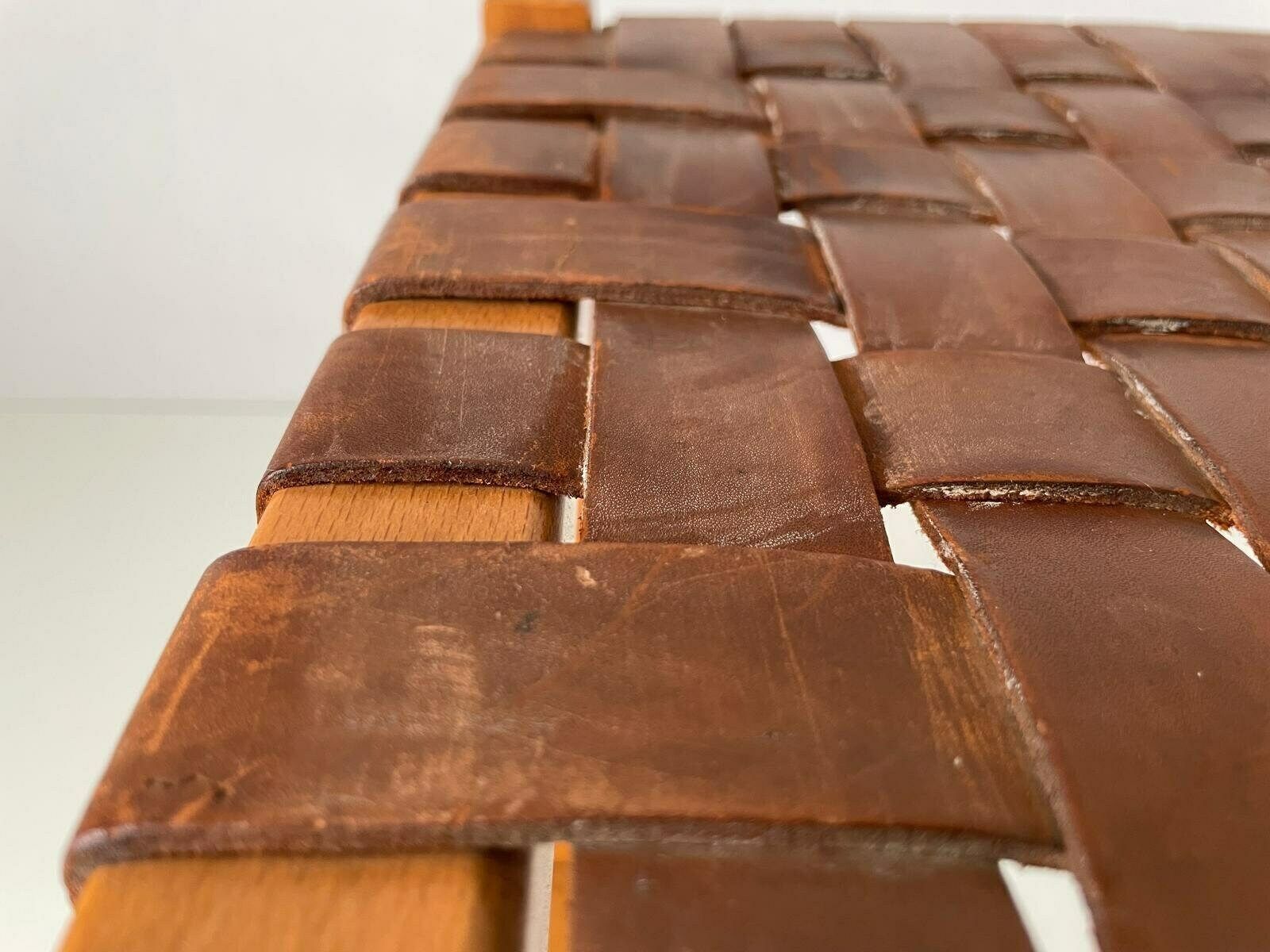 photo furniture Italian Made Brown Woven Leather Top Wood Stool, Italy, 1970s