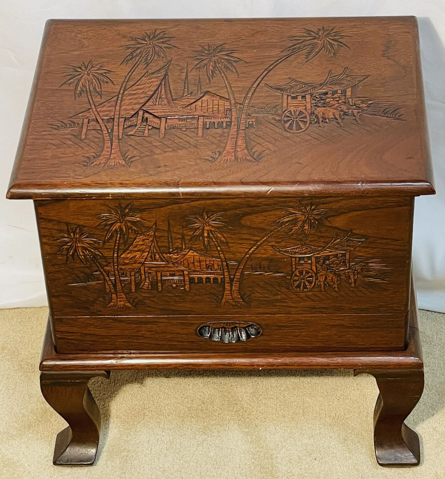 Vintage Chinese Needlecraft Stool Featuring Carved Rural Pastoral Landscape photo Furniture