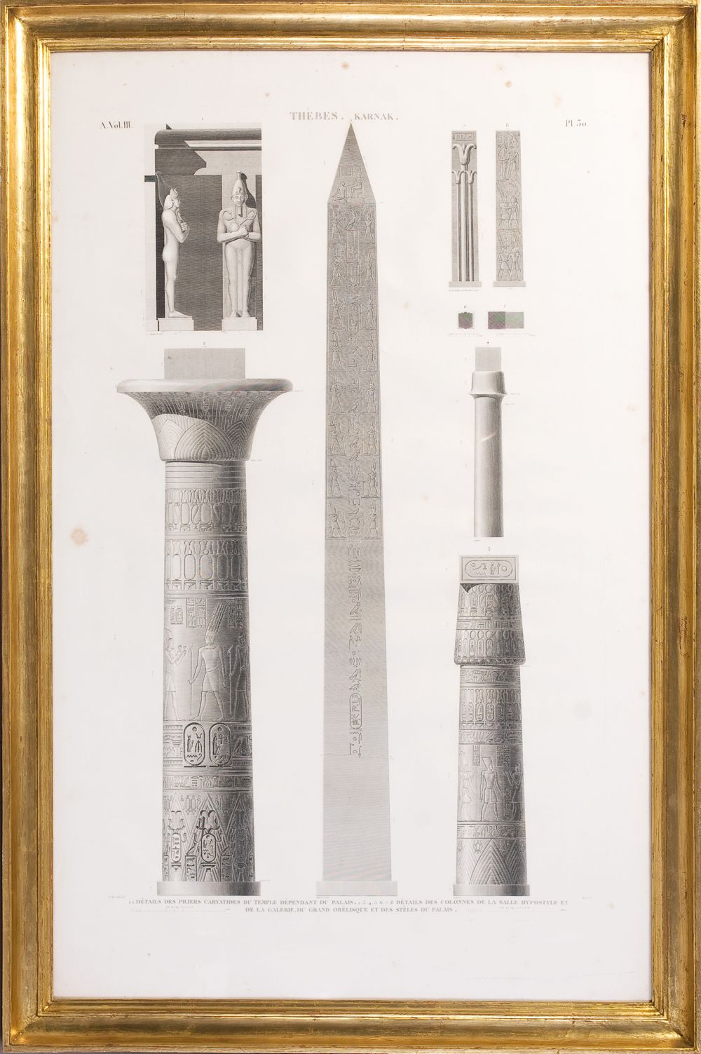 French Engraving Architectural Elements Of The Temple Of Karnak In Luxor, Early 19th Century.