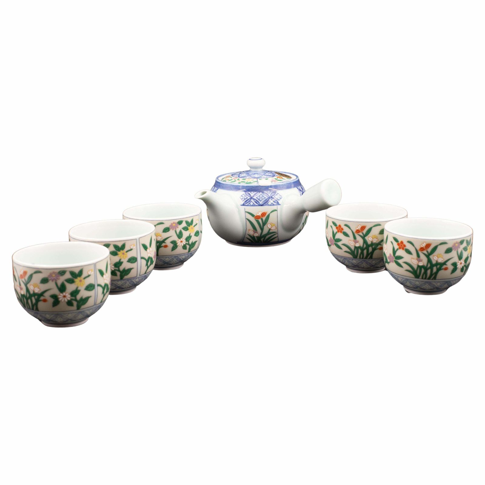 Japanese Tea Set Tea Pot Strainer Cups Set Of 6 Hand Painted Celadon