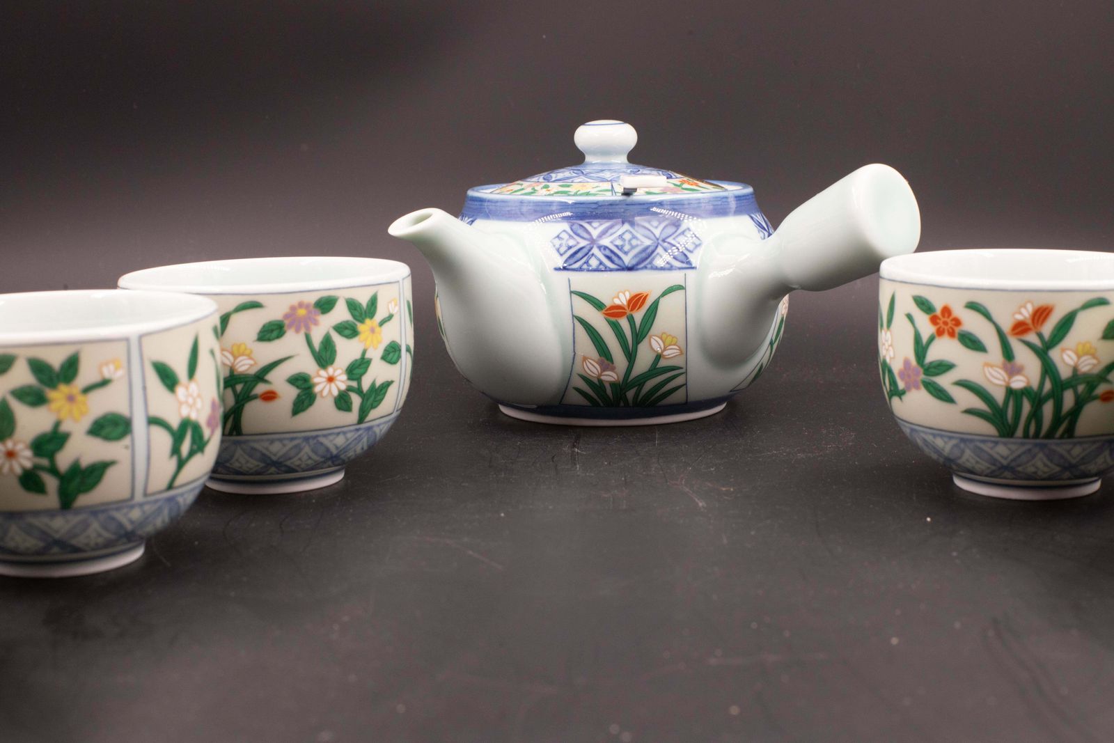 Japanese Tea Set Tea Pot Strainer Cups Set Of 6 Hand Painted Celadon photo for sale