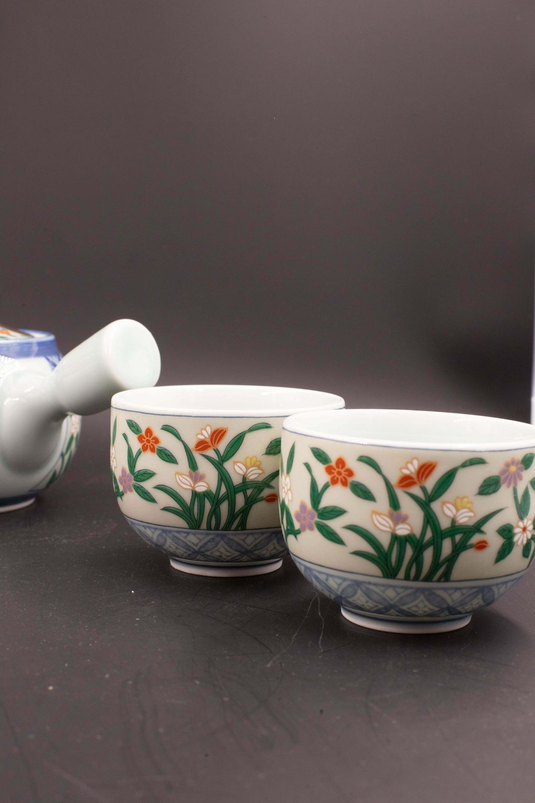 Japanese Tea Set Tea Pot Strainer Cups Set Of 6 Hand Painted Celadon photo vinterior
