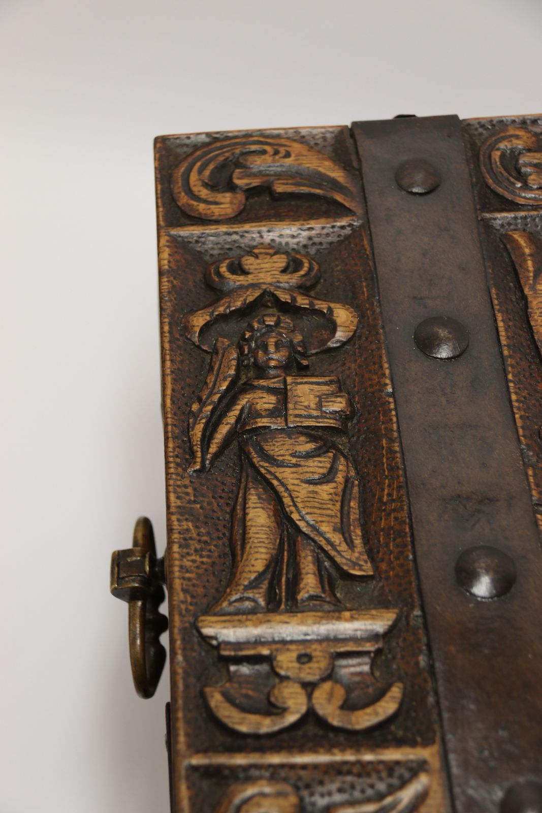 A Rare Ships Or Country House Carved Oak And Steel Bound Strong Box Circa 1840 photo vinterior