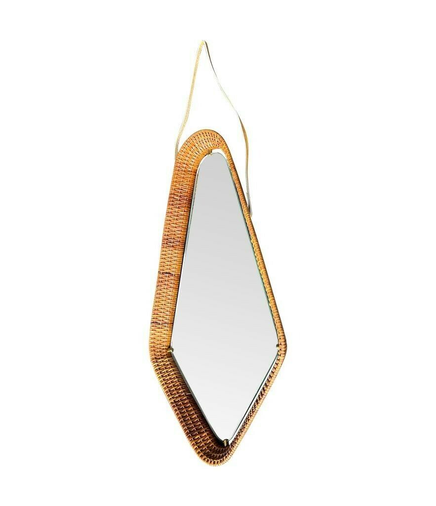 An Unusual Italian 1950s Diamond Shaped Rattan And Brass Framed Mirror With Leather Hanging Strap photo Home Decor
