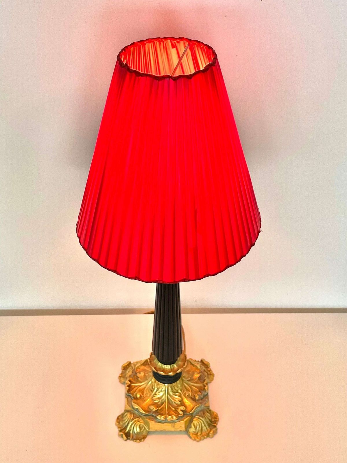 Art Deco Table Lamp In Brass And Black Painted Wood With Organic Shapes, Beautiful Base And Unique Red Fabric Ribbon Shade photo for sale
