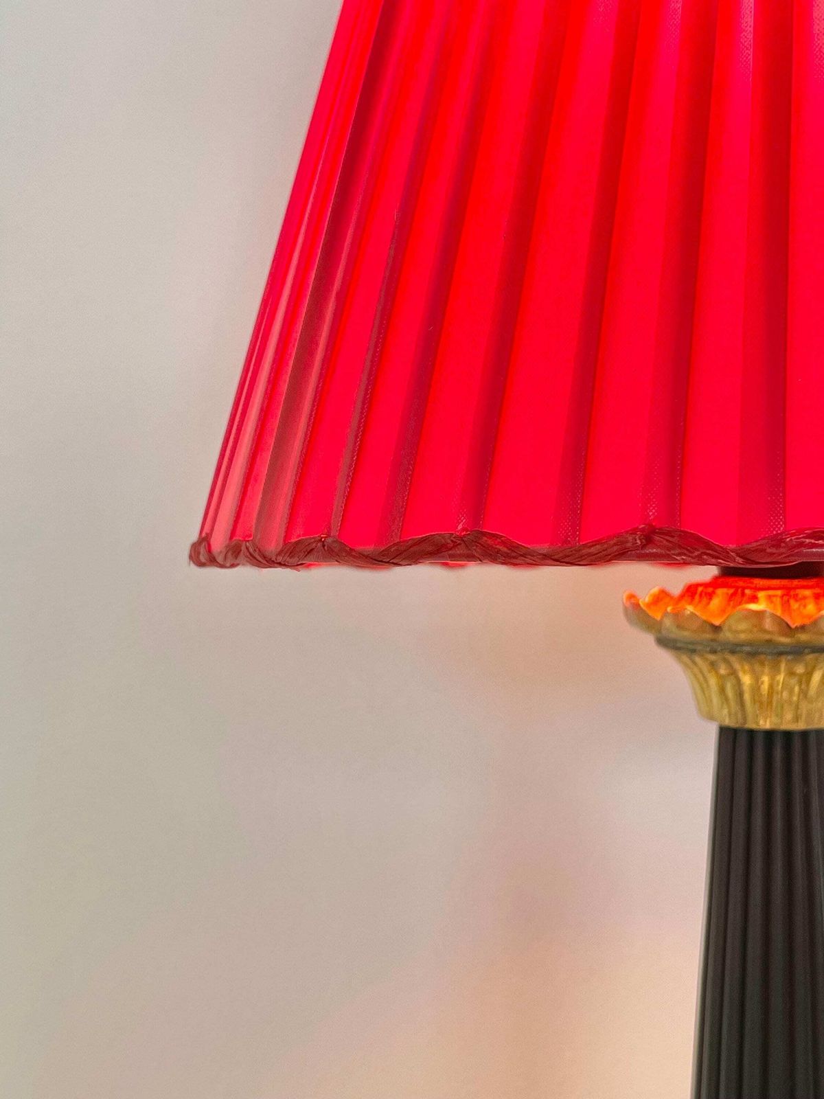 Art Deco Table Lamp In Brass And Black Painted Wood With Organic Shapes, Beautiful Base And Unique Red Fabric Ribbon Shade photo Lighting