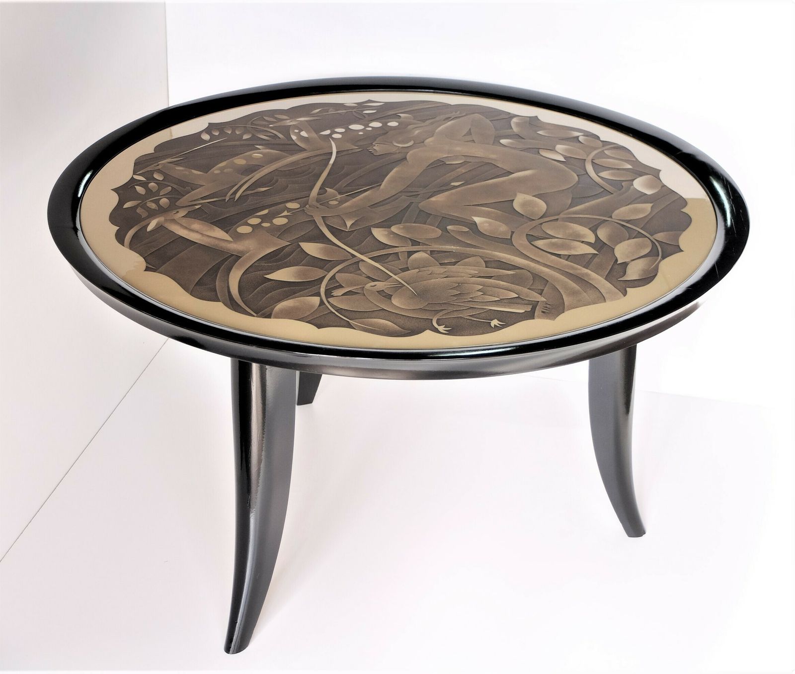 Art Deco Period Pedestal Table, Glass Top Signed Marx With Diana Huntress Decor