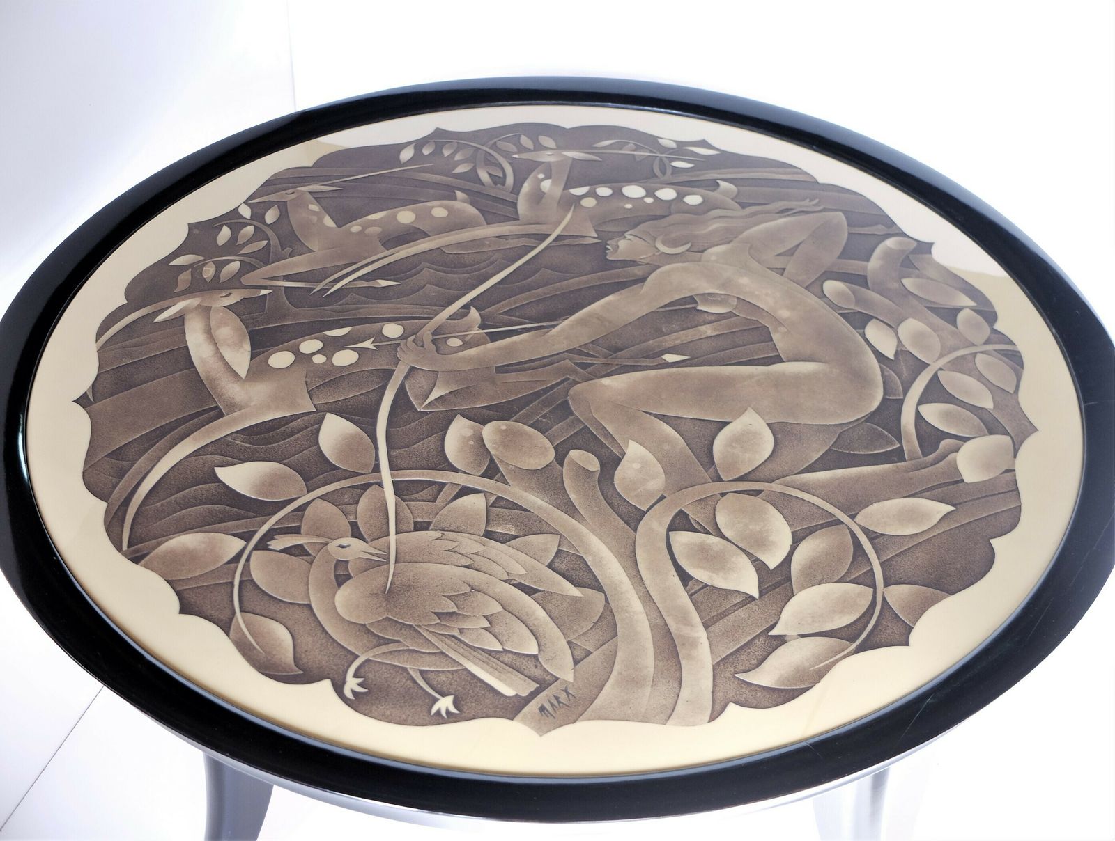 Furniture Art Deco Period Pedestal Table, Glass Top Signed Marx With Diana Huntress Decor photo
