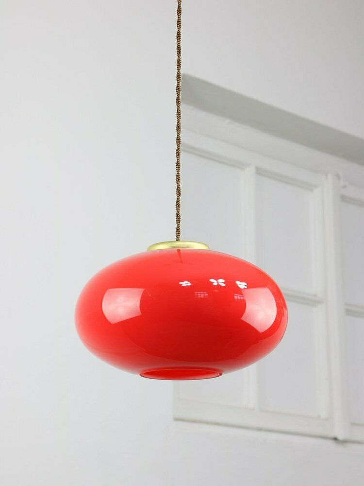 Mid Century Modern Italian Brass And Red Glass Pendant Lamp, 1960s photo 713.0