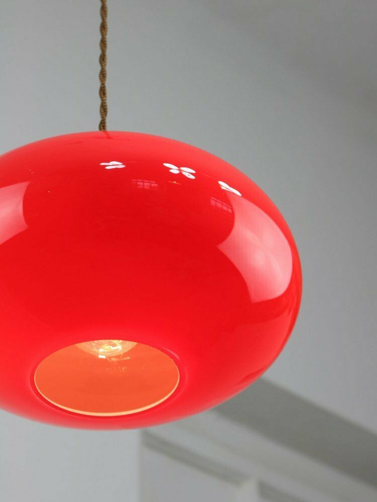 photo for sale Mid Century Modern Italian Brass And Red Glass Pendant Lamp, 1960s