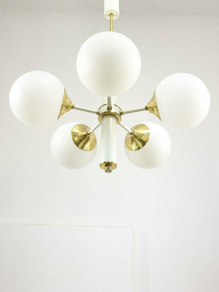 photo for sale Vintage Italian Brass And Opaline Sputnik Chandelier, 1970s